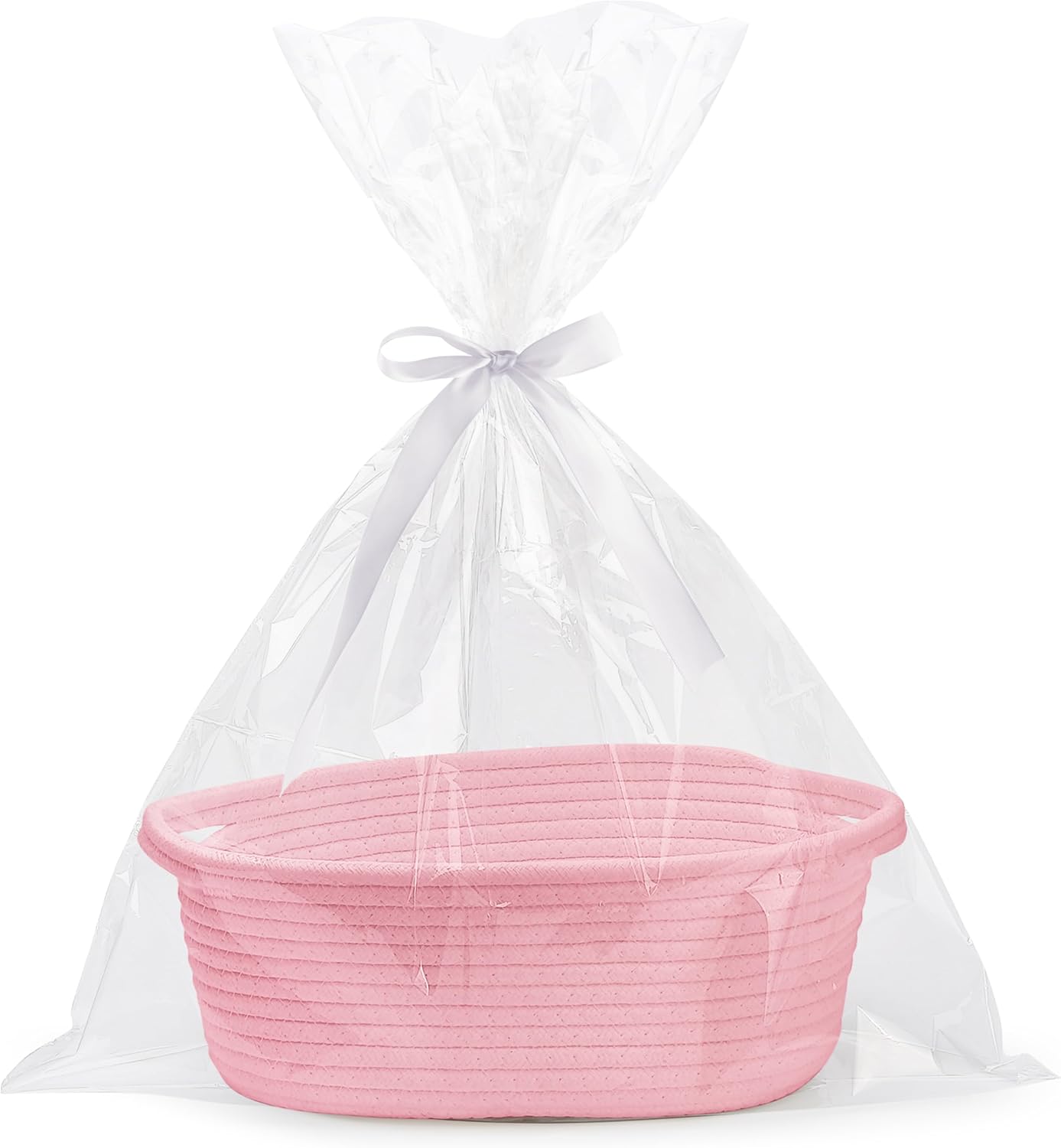 Small Woven Easter Basket with Gift Bags & Ribbons – White Rope Storage Basket with Handles (12" x 8" x 5")