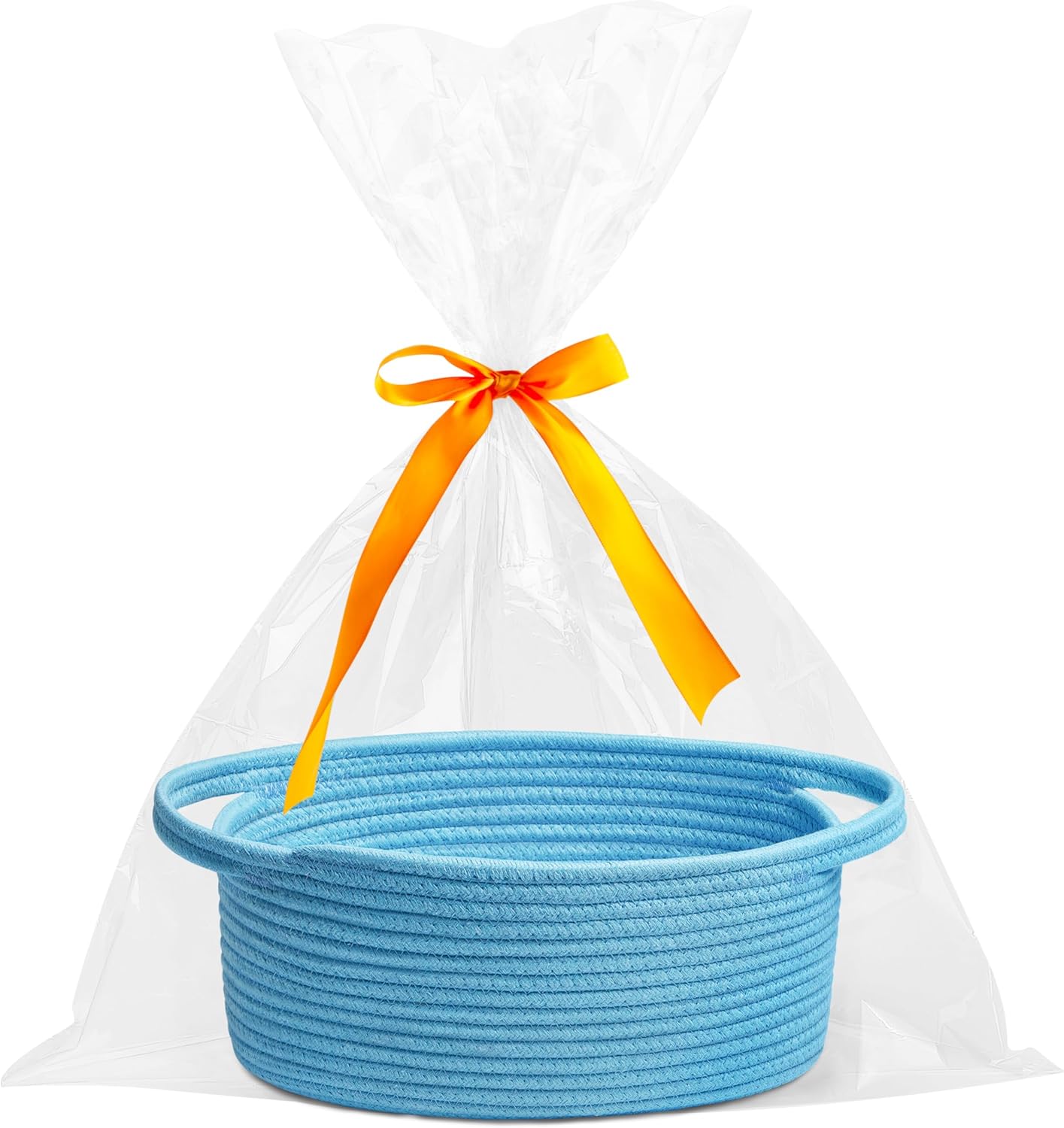 Small Woven Easter Basket with Gift Bags & Ribbons – White Rope Storage Basket with Handles (12" x 8" x 5")
