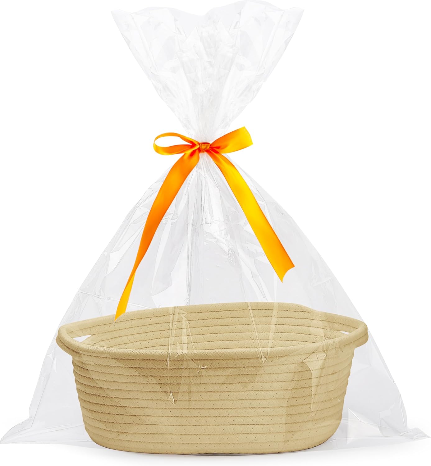 Small Woven Easter Basket with Gift Bags & Ribbons – White Rope Storage Basket with Handles (12" x 8" x 5")