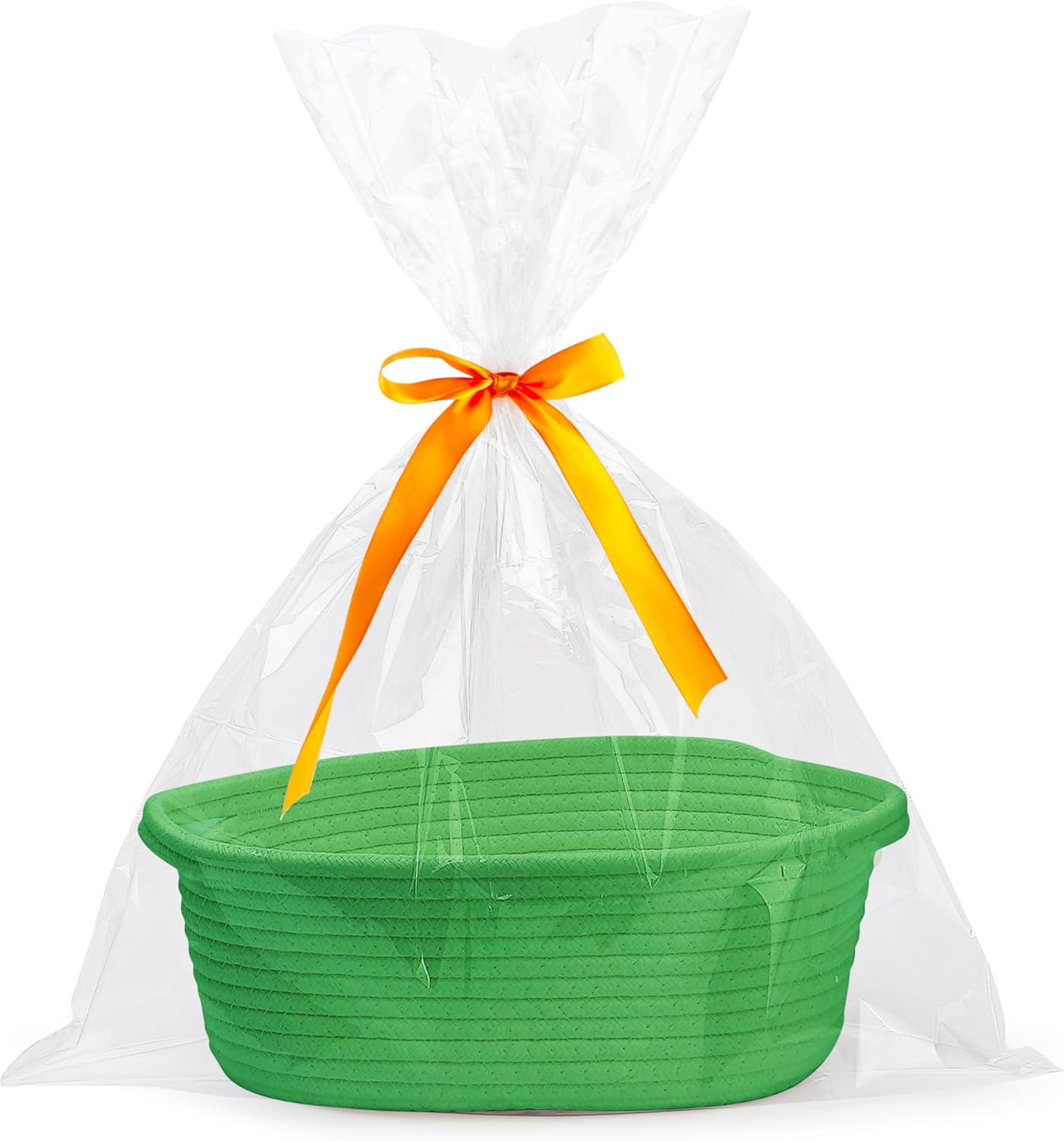 Small Woven Easter Basket with Gift Bags & Ribbons – White Rope Storage Basket with Handles (12" x 8" x 5")
