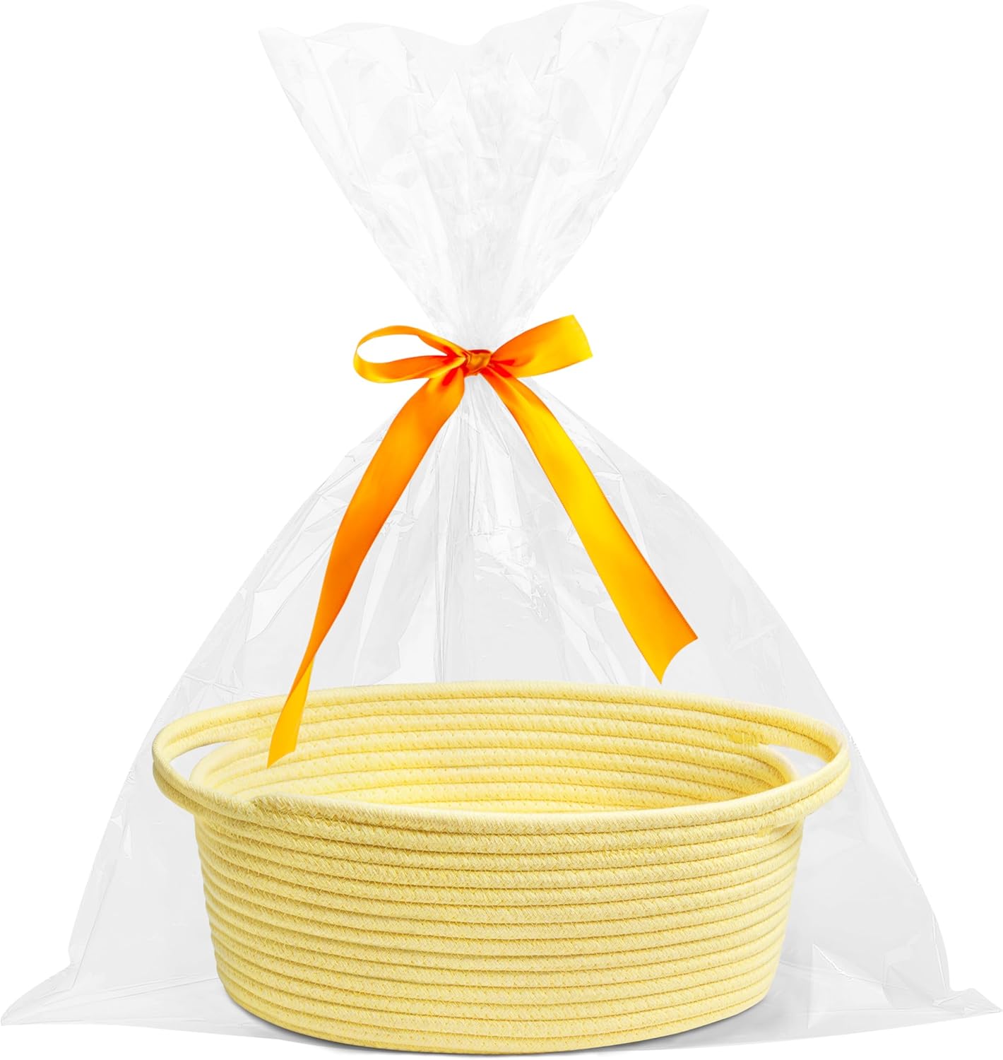 Small Woven Easter Basket with Gift Bags & Ribbons – White Rope Storage Basket with Handles (12" x 8" x 5")