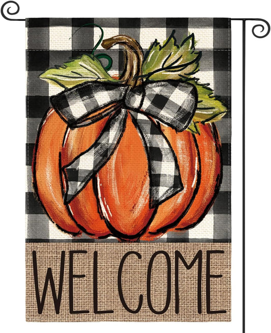 Fall Pumpkin Welcome Garden Flag – 12 x 18 Inch Double-Sided Buffalo Plaid