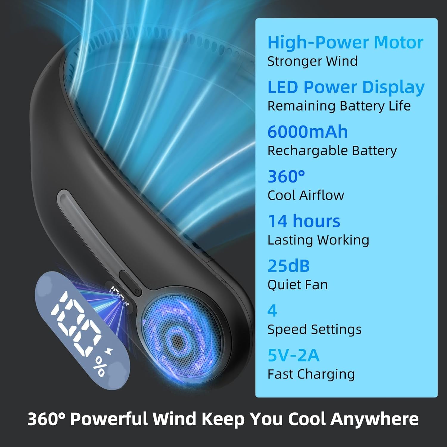 Portable Neck Fan, Personal Wearable Bladeless Fan, 6000Mah USB Rechargeable, 360° Cooling, LED Display, 4-Speeds, Hands Free Fan for Outdoor Indoor, Birthday Gifts for Men Women Dad Mom (Black)