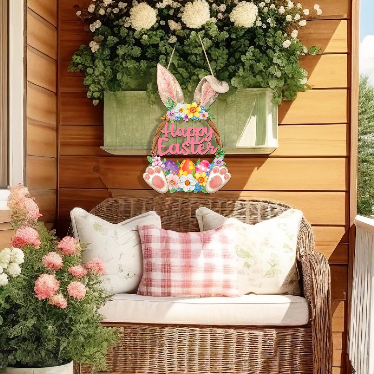 Wooden Easter Hanging Sign, Rustic Hollow-Out Spring Door Decoration, Farmhouse Wall Plaque for Home Entryway Porch Deco