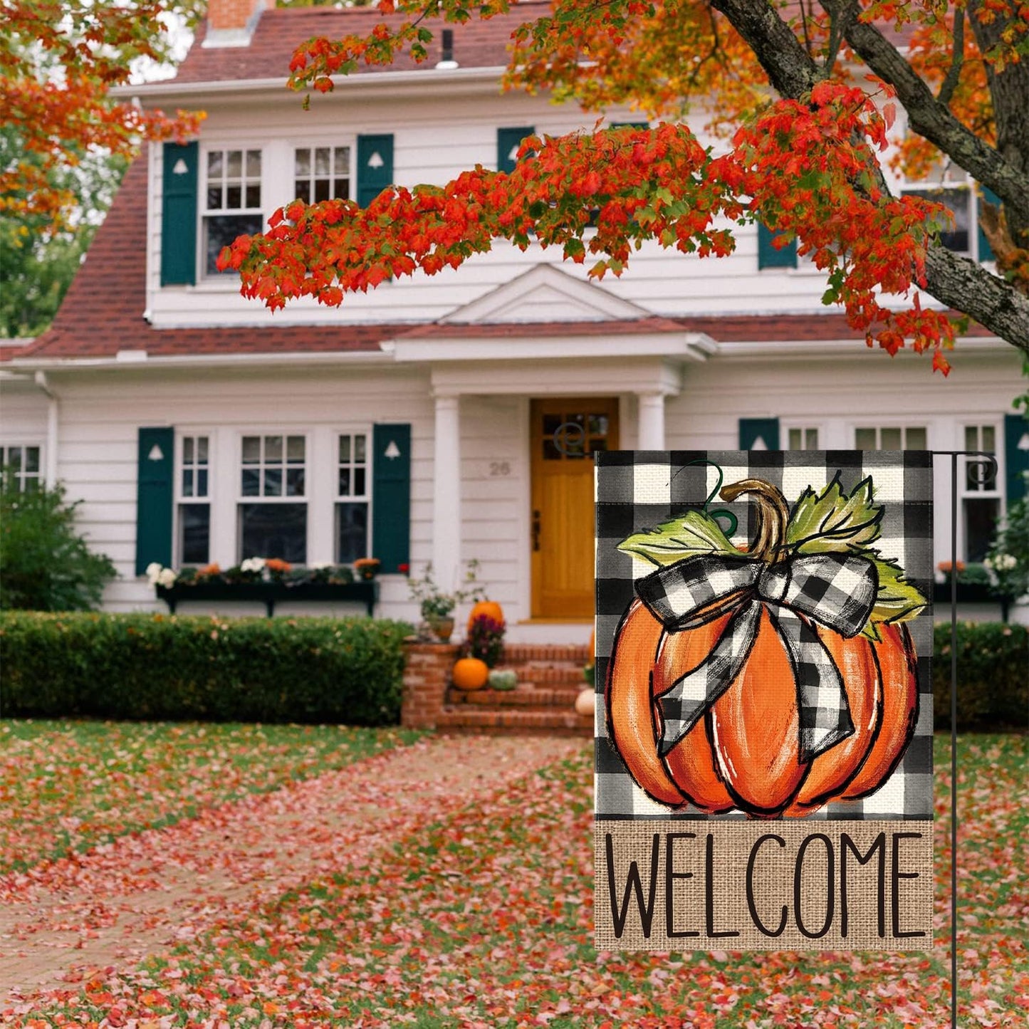 Fall Pumpkin Welcome Garden Flag – 12 x 18 Inch Double-Sided Buffalo Plaid