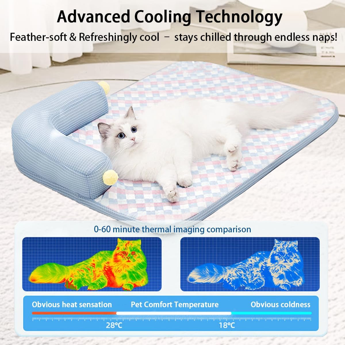 All-Season Cooling Cat Bed – Ice Fabric Pet Bed with Cushioned Pillow