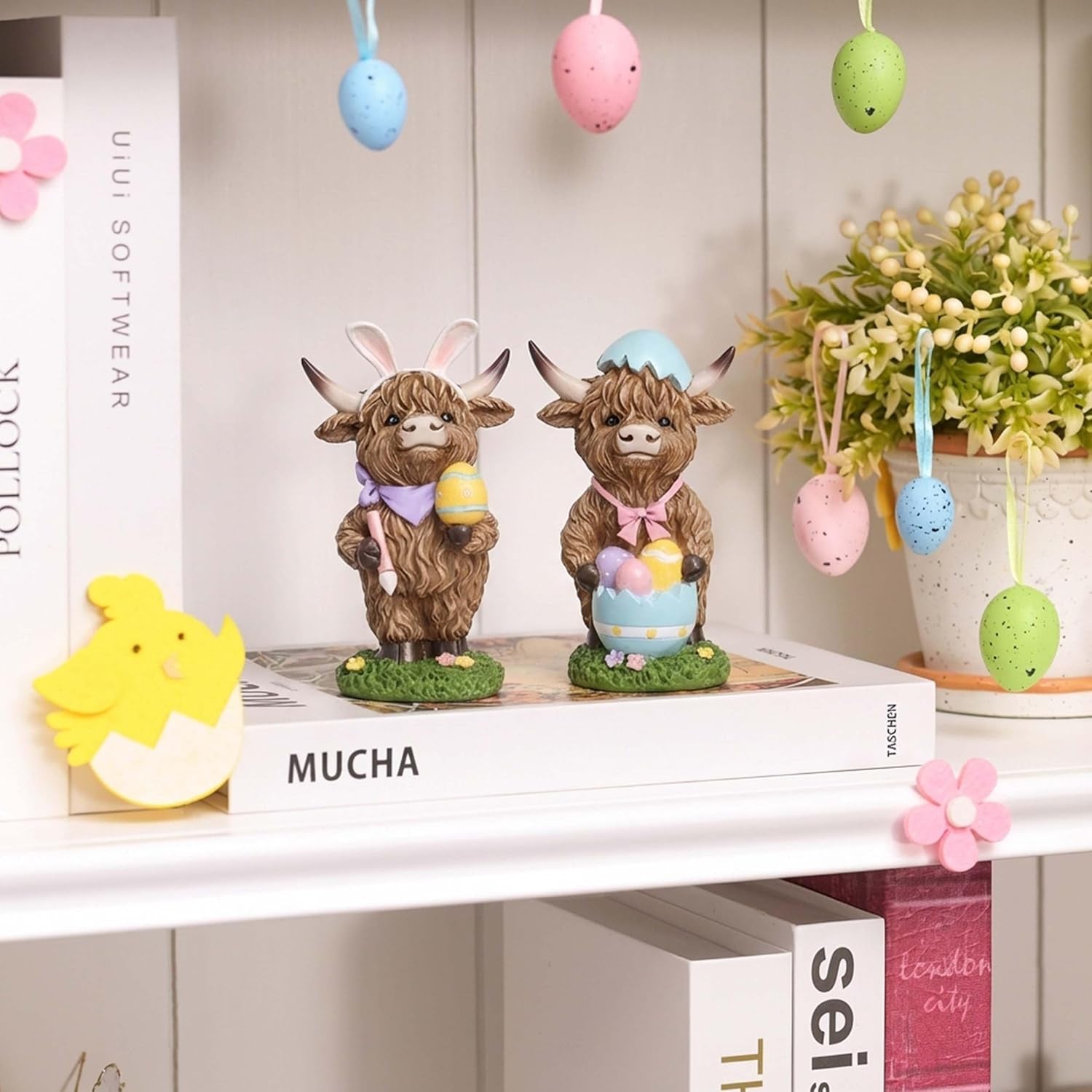🐰🐮 Highland Cow Bunny Easter Figurines – Set of 2
