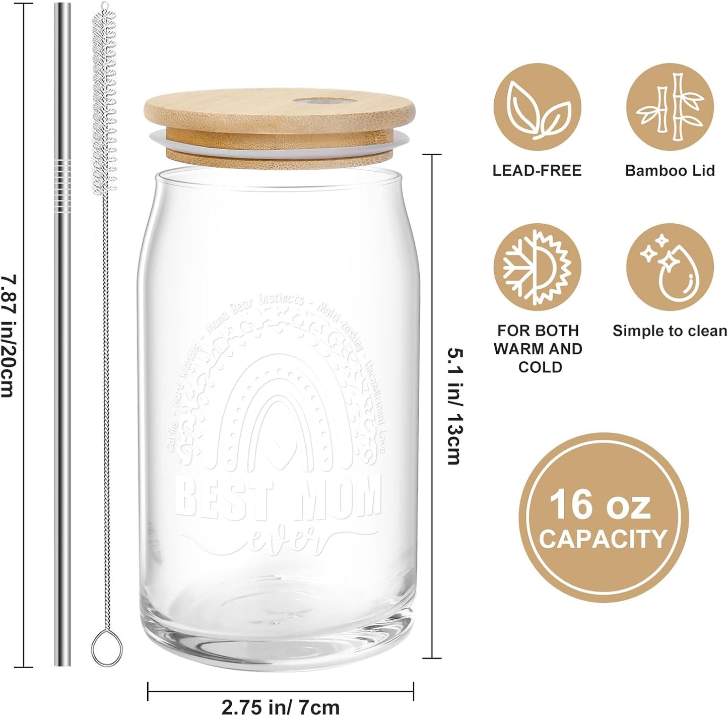 16oz Personalized Can Glass Cup for Mom – Mother’s Day Gifts from Daughter & Son | Cute Gift for Mama, Stepmom, Mother-in-Law & Wife | Birthday, Anniversary & Bonus Mom Present