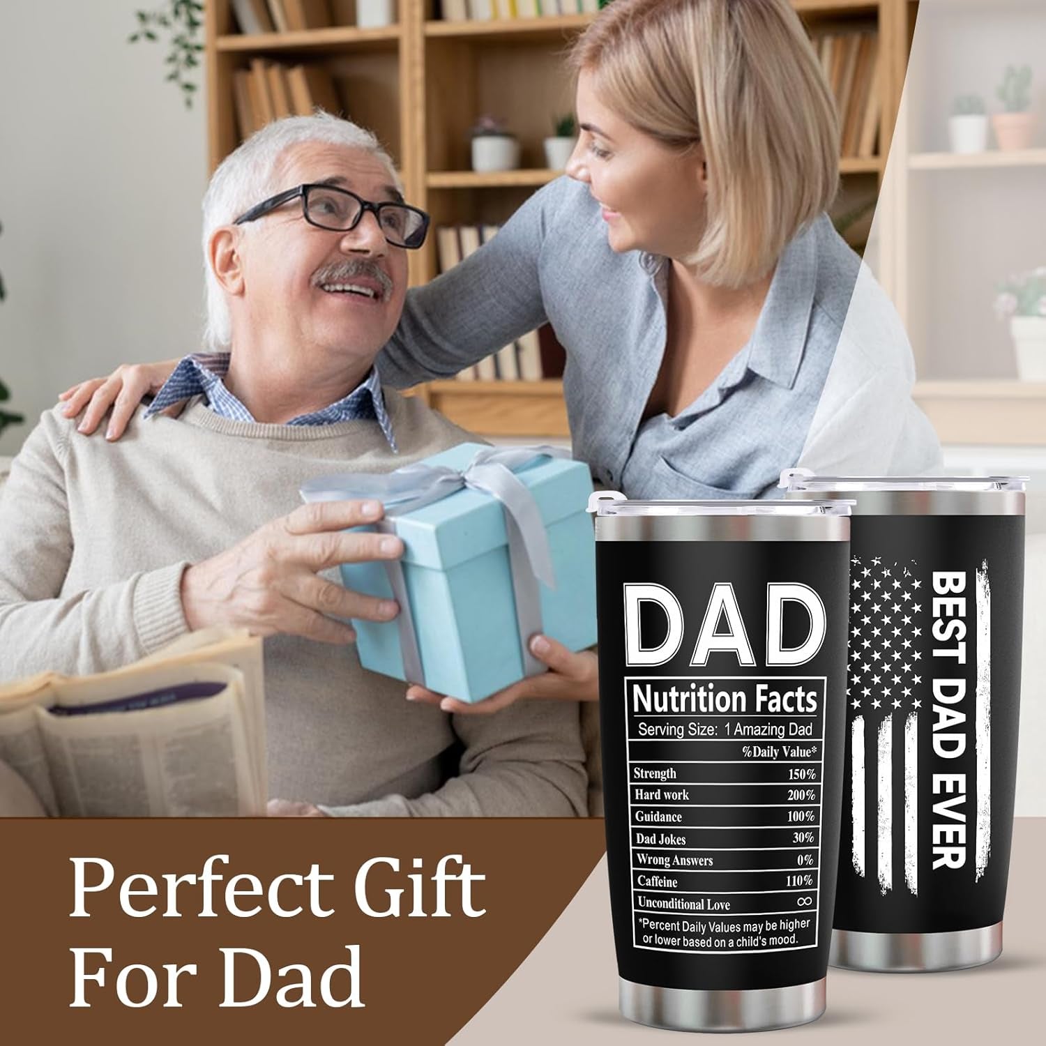Father’s Day Gift for Dad – 20 oz Stainless Steel Tumbler with Lid & Straw, Leakproof Insulated Travel Mug for Work, Camping, Gym & Office