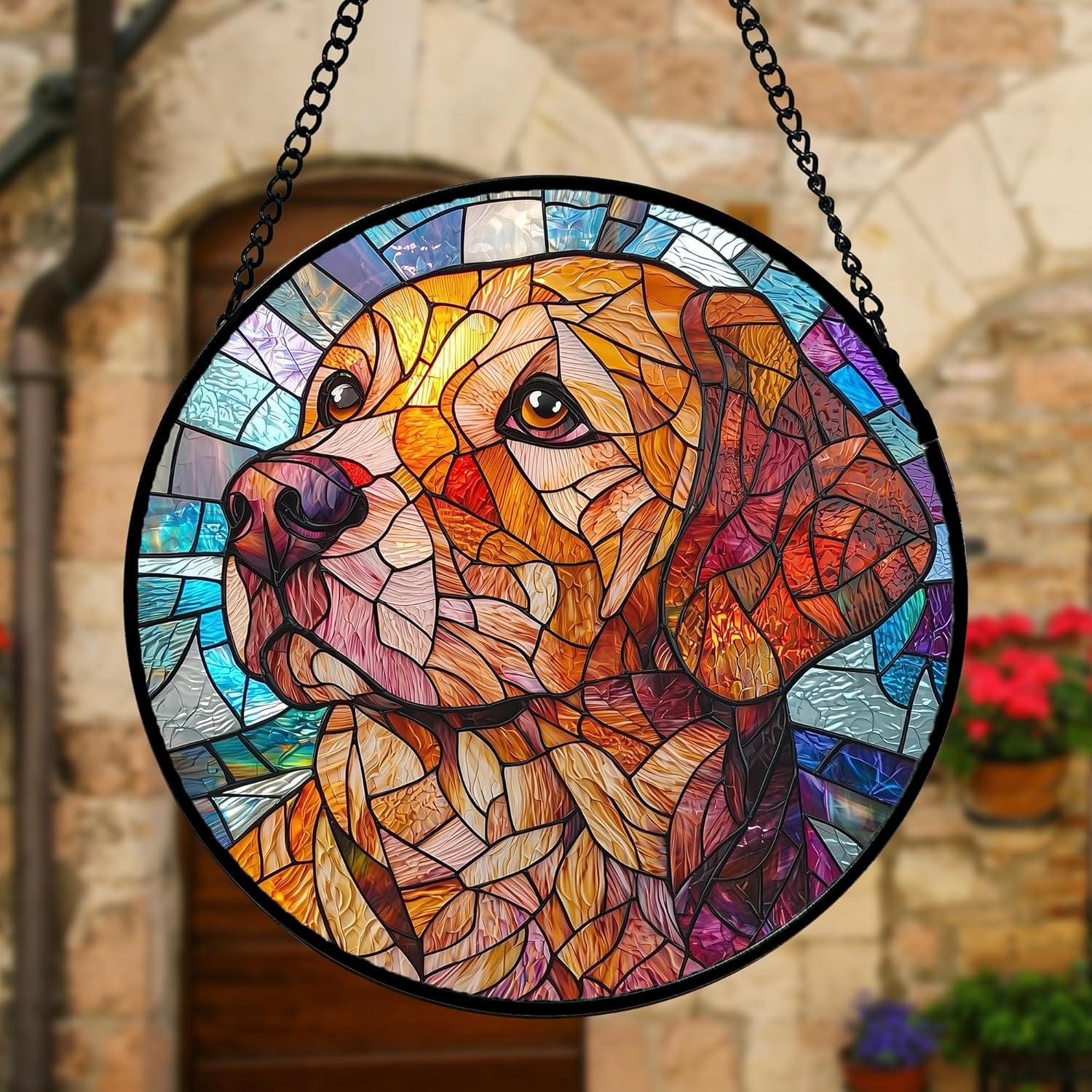 Stained Glass Dog Suncatcher – Colorful Abstract Window Hanging, Decorative Glass Panel Gift 6.3 In