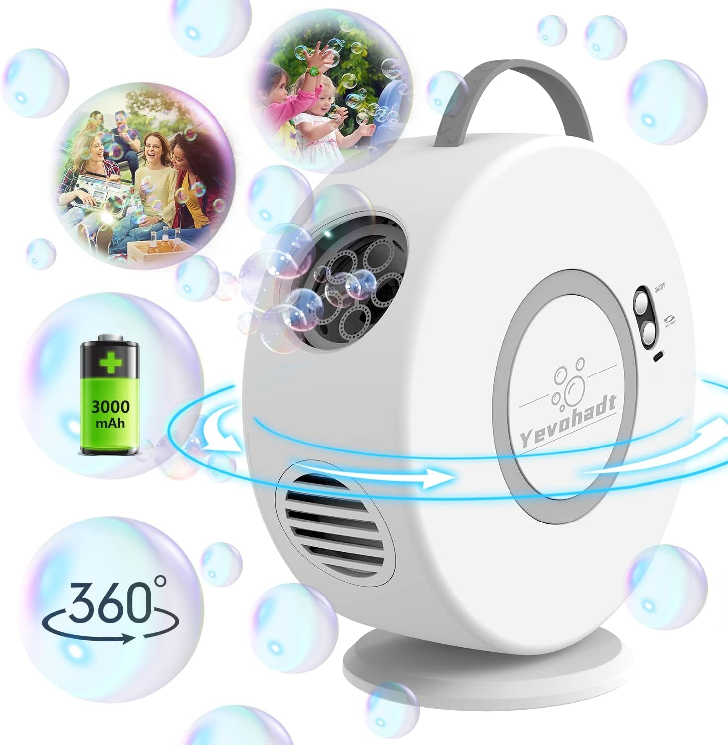 Rechargeable Bubble Machine for Kids & Toddlers – 90°/360° Rotatable Electric Bubble Blower, Easter Gifts & Outdoor Party Bubble Maker Toy for Boys & Girls Ages 3–8