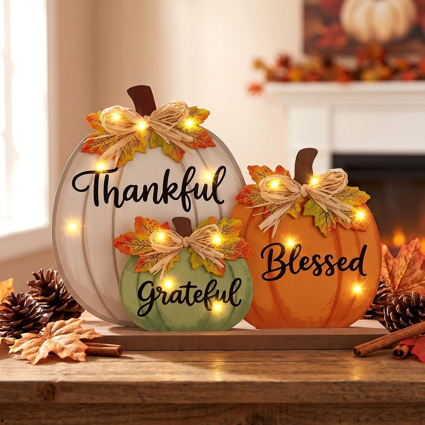 Lighted Fall Pumpkin Table Sign – LED Wooden Thanksgiving Decoration
