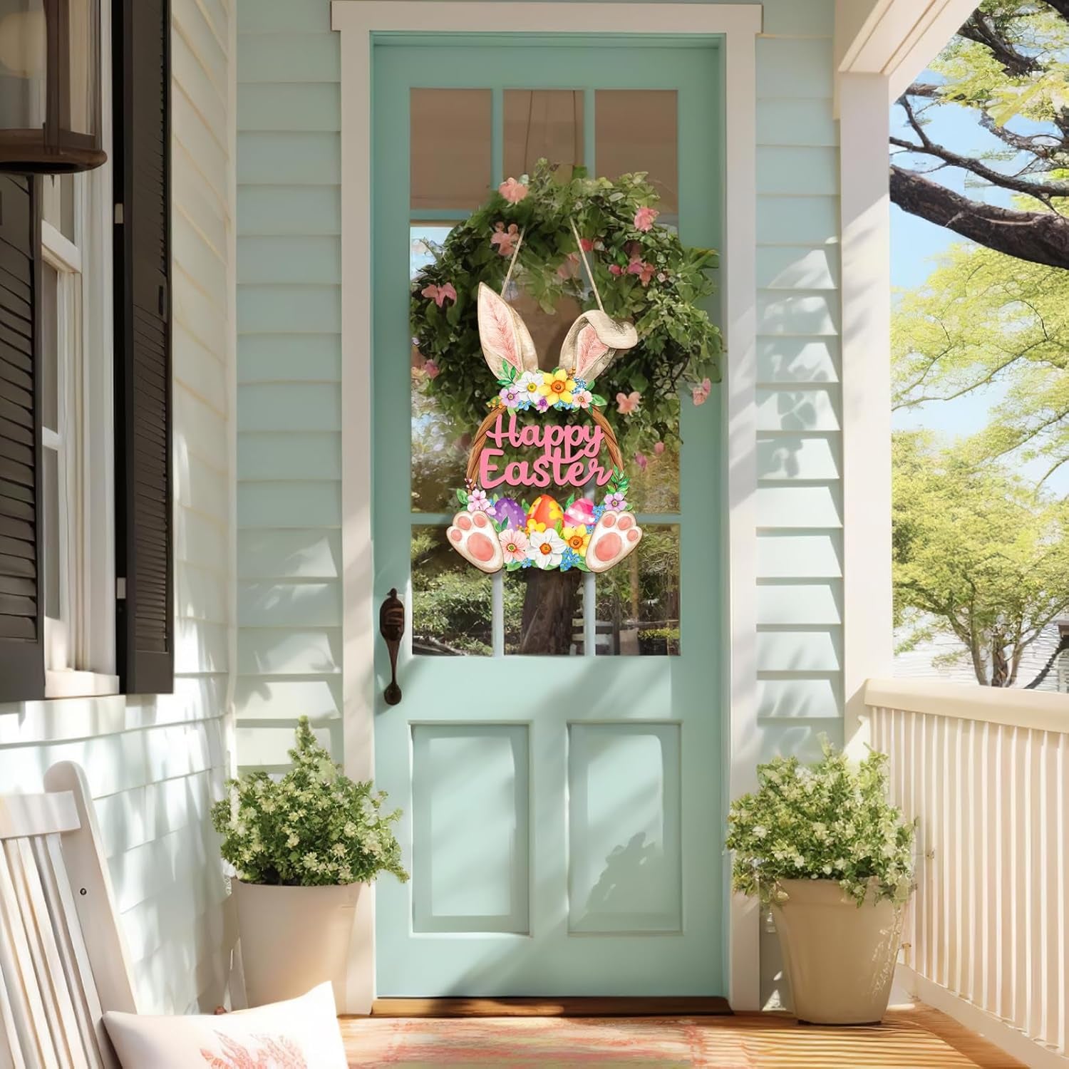 Wooden Easter Hanging Sign, Rustic Hollow-Out Spring Door Decoration, Farmhouse Wall Plaque for Home Entryway Porch Deco