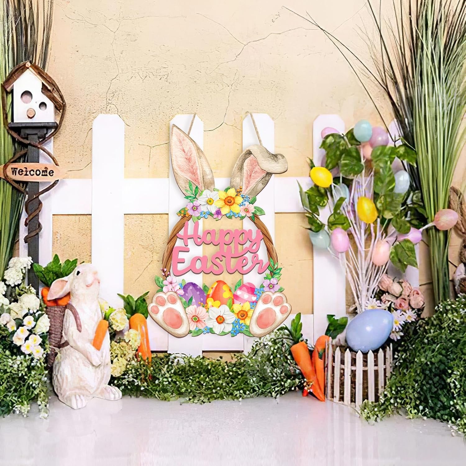 Wooden Easter Hanging Sign, Rustic Hollow-Out Spring Door Decoration, Farmhouse Wall Plaque for Home Entryway Porch Deco
