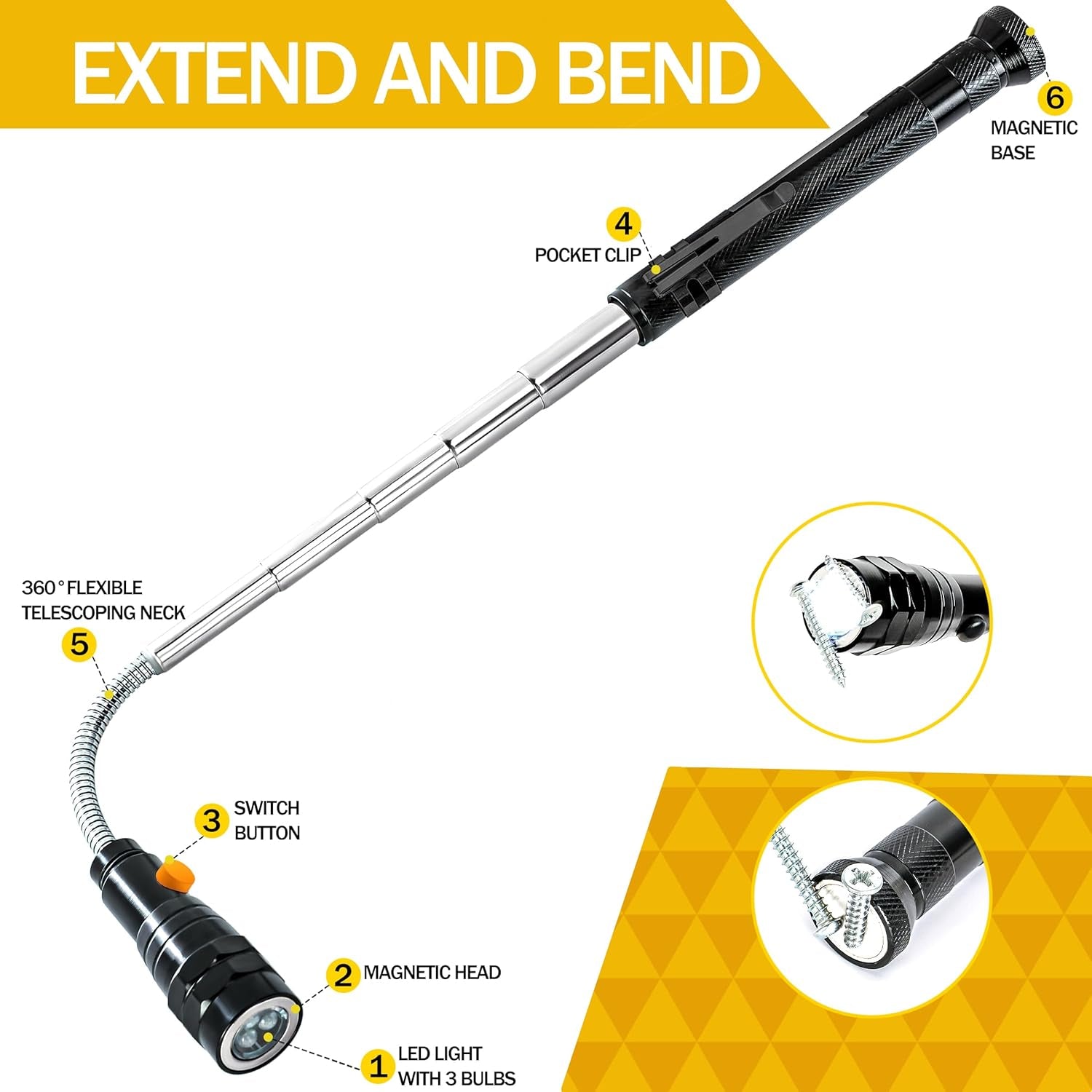 Magnetic Pickup Tool with LED Light – Telescoping Magnet Flashlight for Retrieving Metal Objects, Extendable Handheld Tool for Automotive, Garage & Home Use