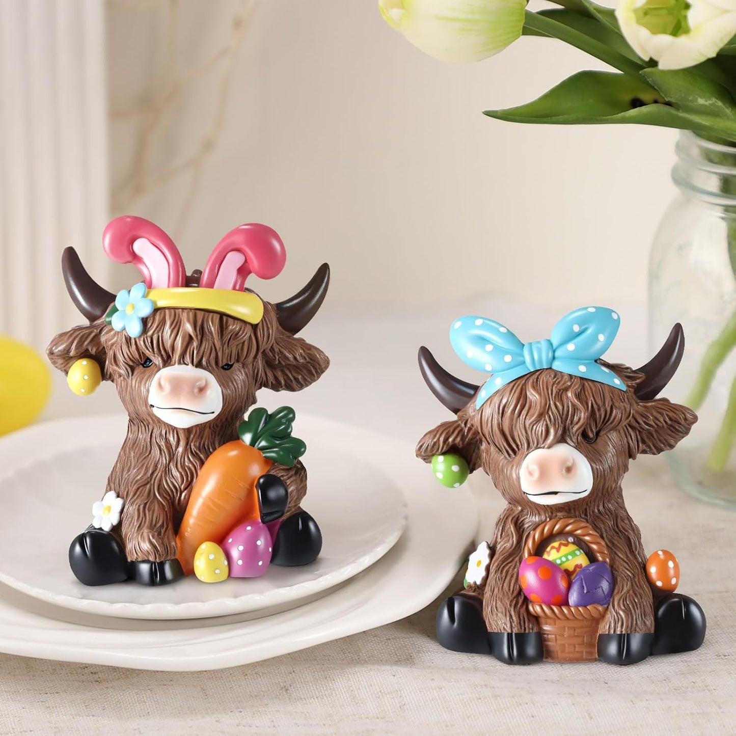2 PCS Easter Highland Cow Figurines Bunny Decor – Spring Tiered Tray Decorations