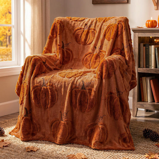 Fall Pumpkin Throw Blanket – 50 x 60 Inch Ultra Soft Sherpa Fleece & Faux Wool Blanket