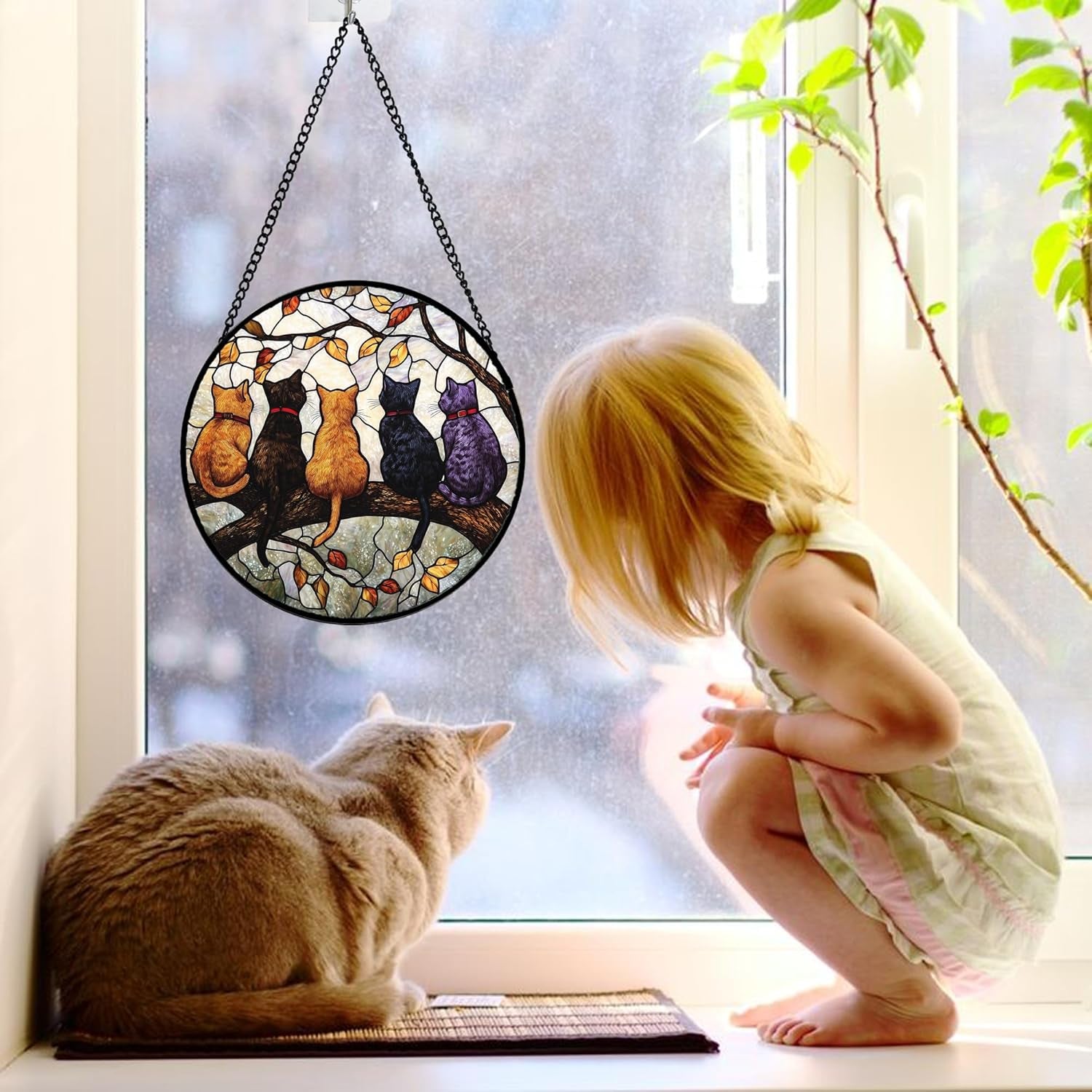 Stained Glass Cat Suncatcher – 5 Cats on a Branch Window Hanging, Home Decor Gift