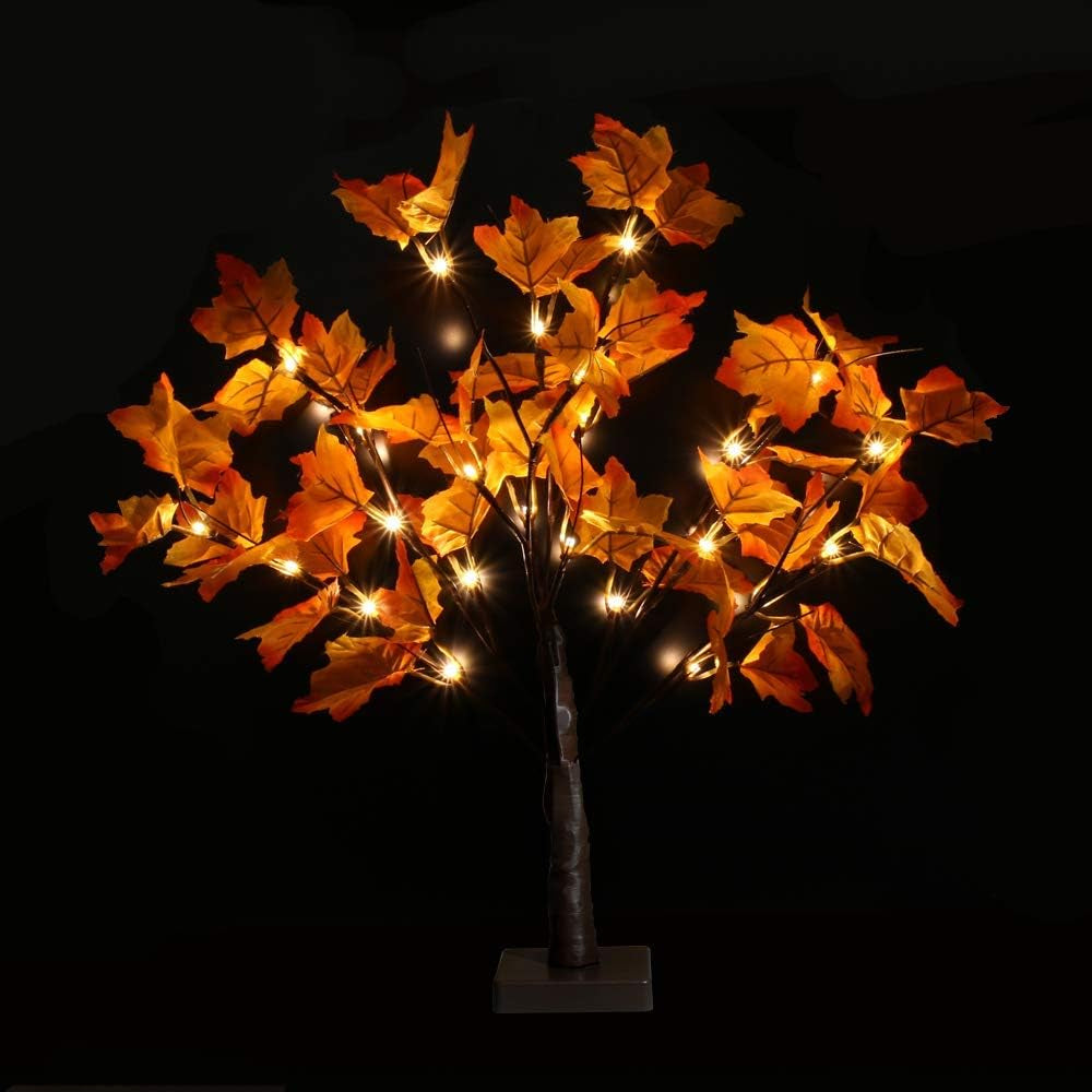 Lighted Artificial Fall Maple Tree – 24 LED Battery Operated Autumn Table Decoration