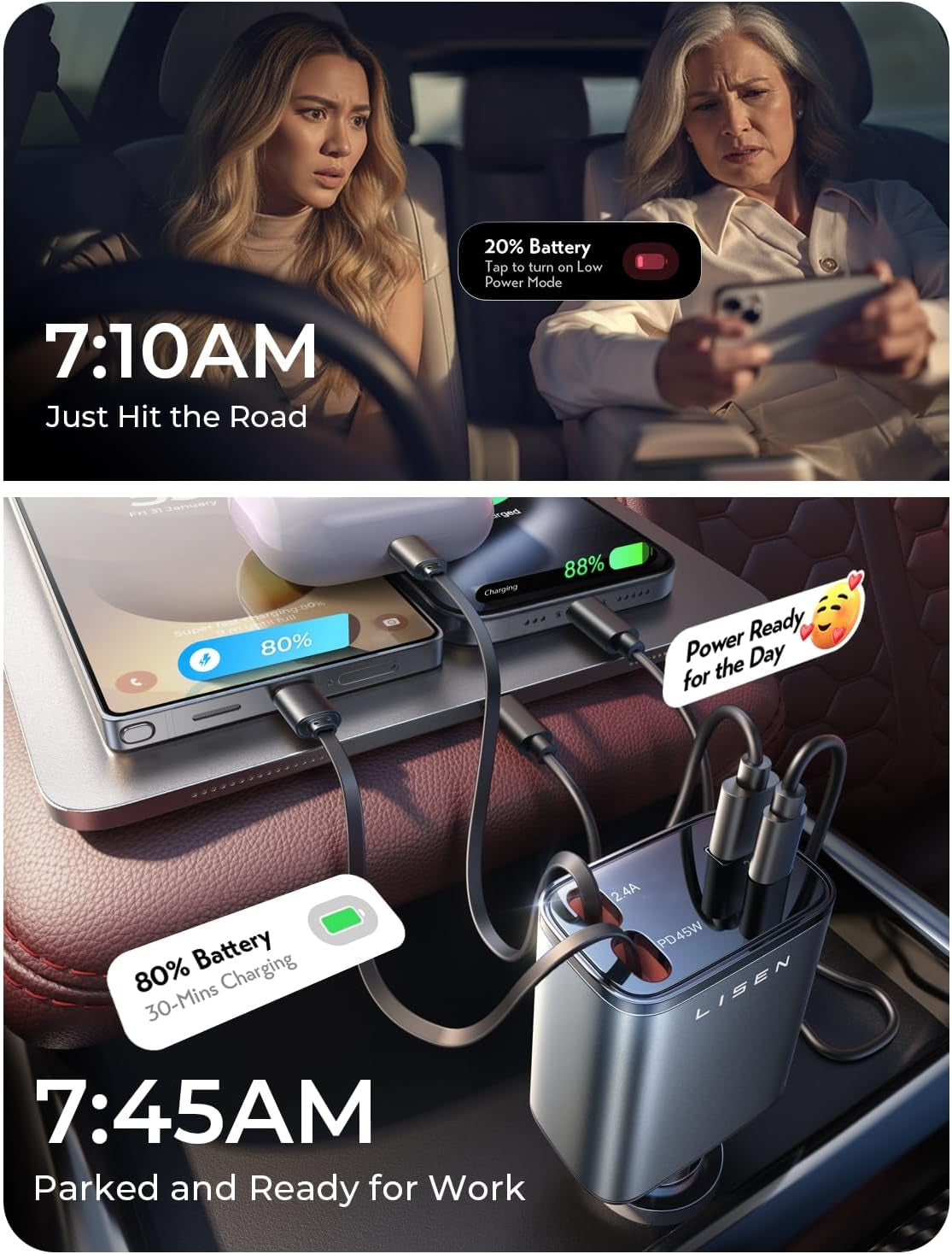 Retractable Car Charger 84W – USB-C Fast Charging Adapter with Retractable Cable, Dual Port Car Accessories for iPhone 17/16/15/14/13/12/11