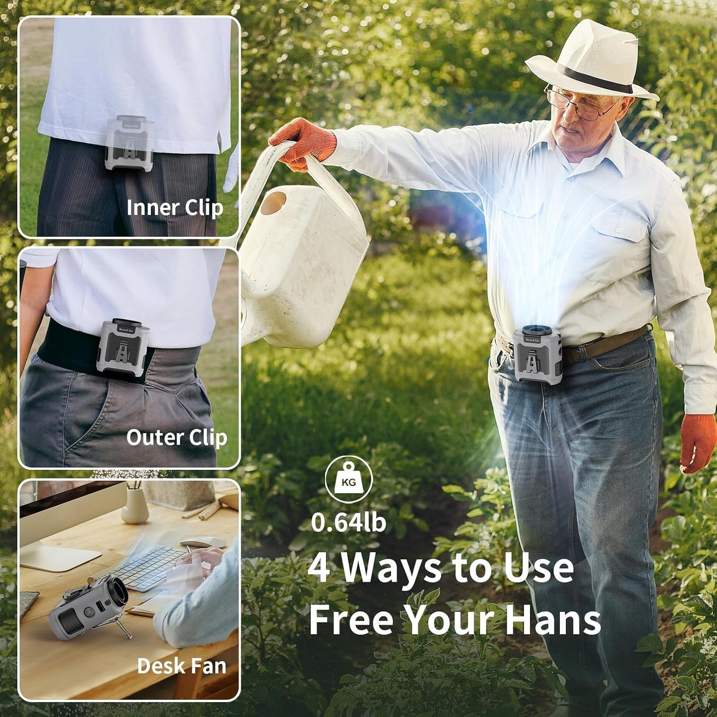 Portable Waist Fan – Rechargeable Wearable Clip-On Fan with 5 Speeds, Hands-Free Belt Fan, Built-In Flashlight, Up to 40 Hours Runtime for Camping, Travel, Work and Outdoor Activities