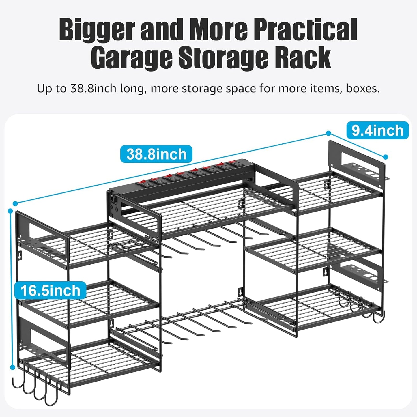 CCCEI Wall Mounted Power Tool Organizer – Heavy-Duty Garage Storage Rack with Charging Station, Power Strip with Individual Switches, Drill and Battery Holder Shelf