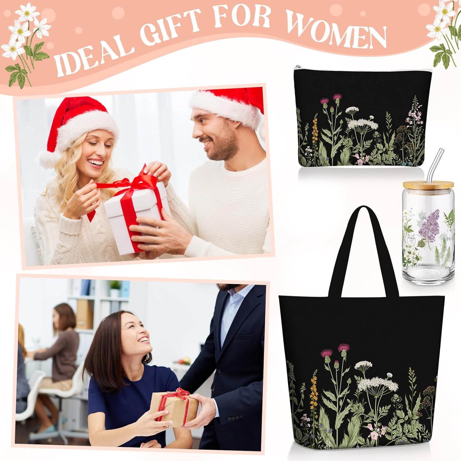 3-Piece Plant Lover Gift Set – Floral Canvas Tote Bag, 16oz Coffee Cup with Straw, and Makeup Bag