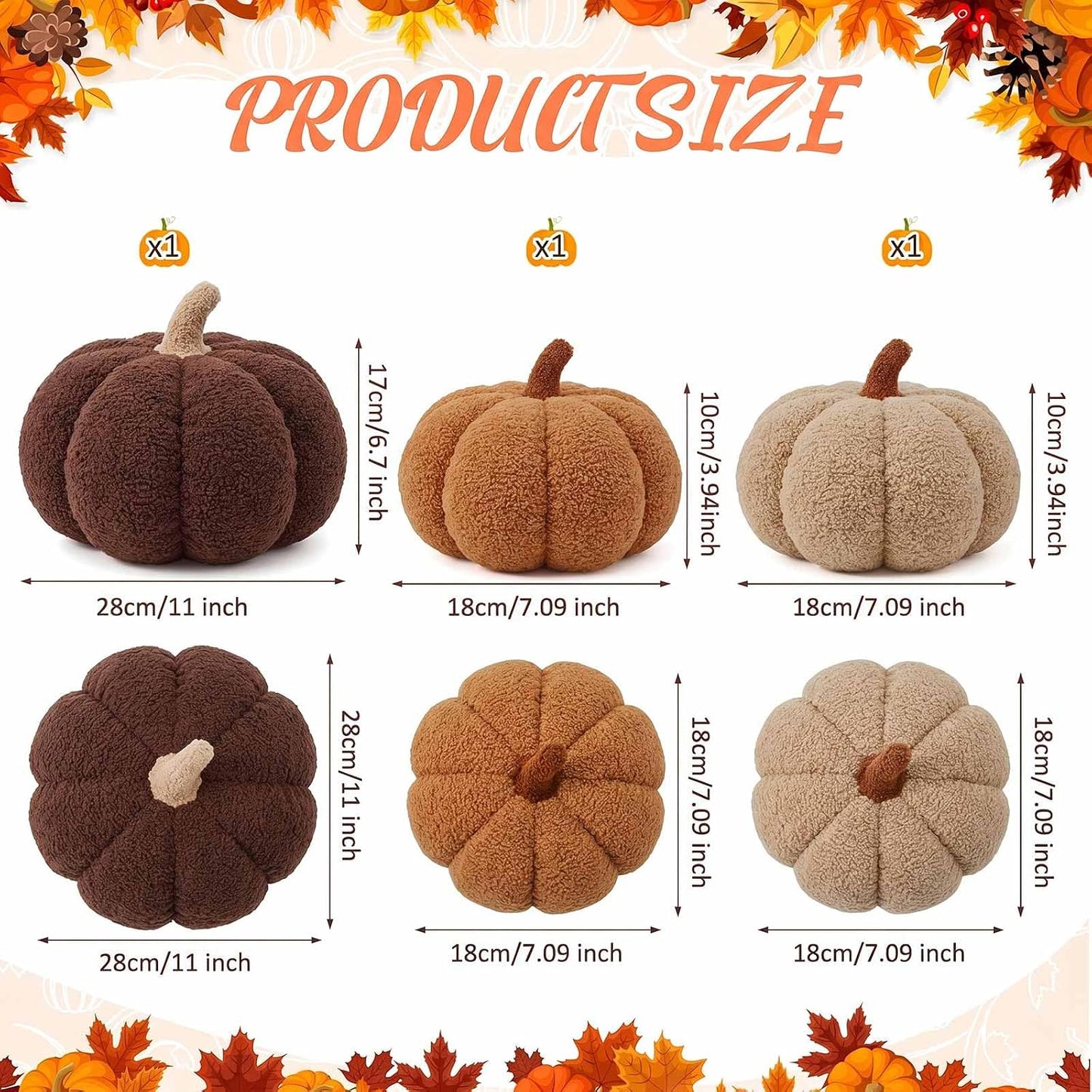 Stuffed Pumpkin Pillows Set of 3 – Soft Plush Fall Decorative Cushions