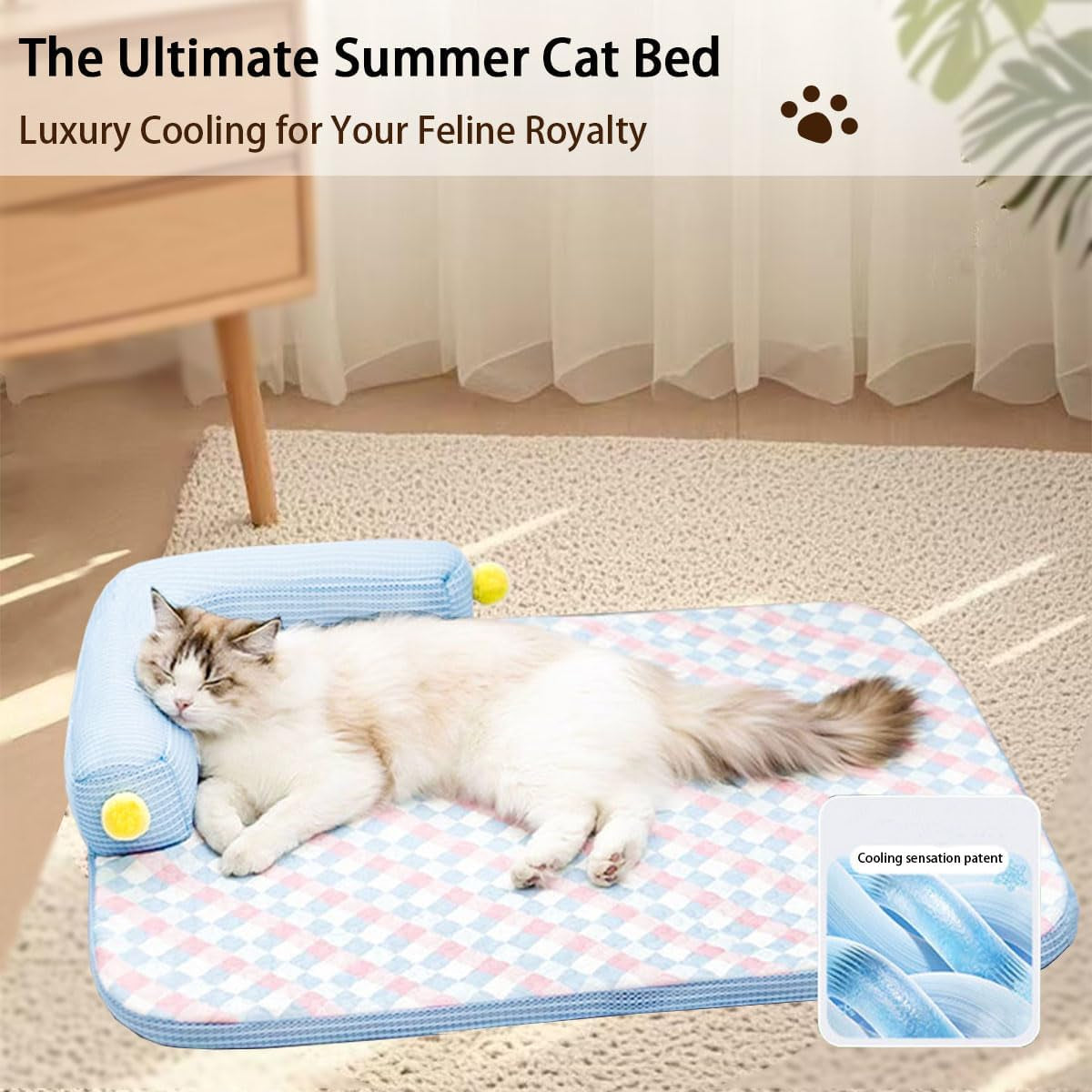 All-Season Cooling Cat Bed – Ice Fabric Pet Bed with Cushioned Pillow