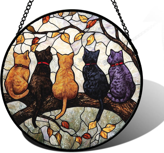 Stained Glass Cat Suncatcher – 5 Cats on a Branch Window Hanging, Home Decor Gift