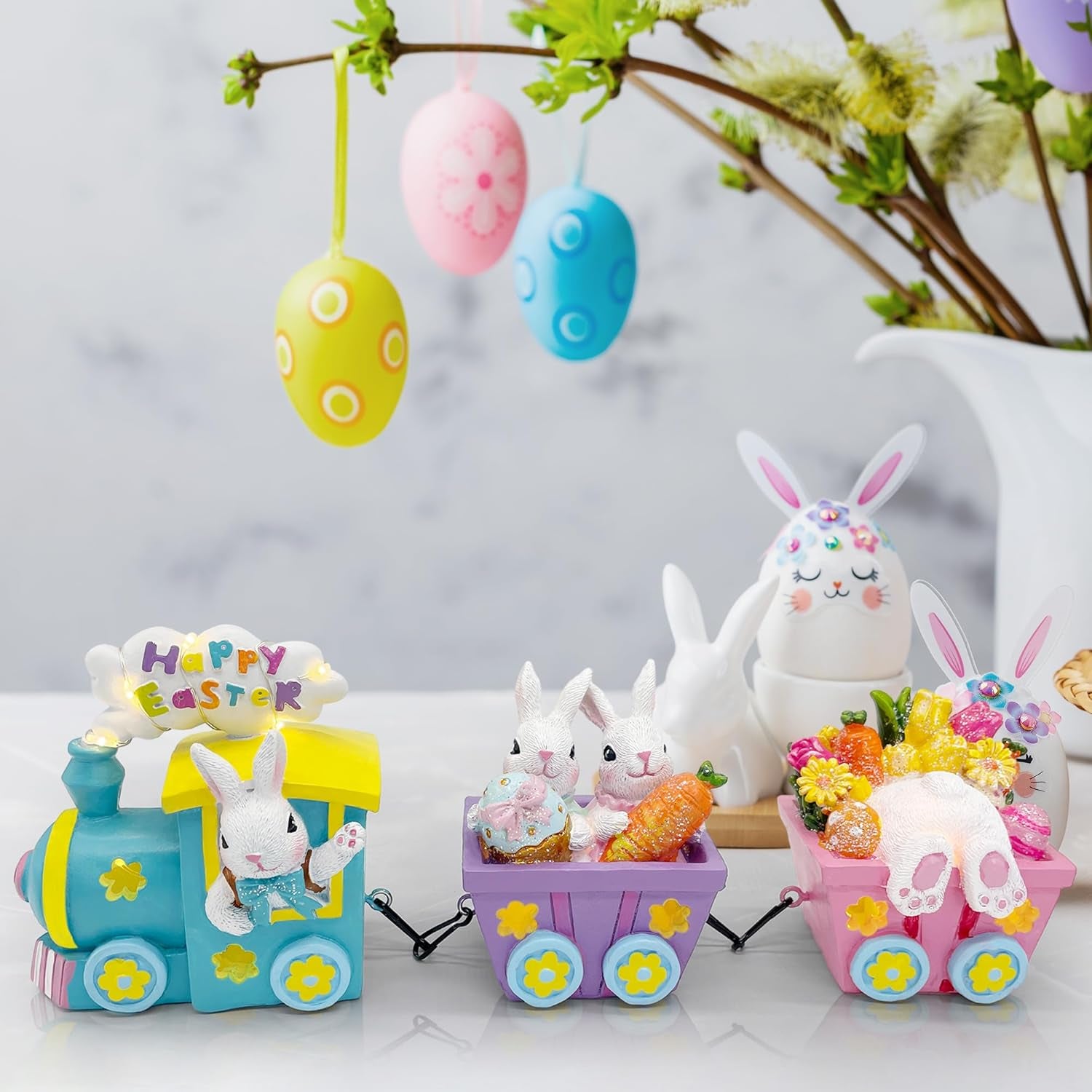 Lighted Easter Train Decor with Bunny – Easter Table Centerpiece Decoration