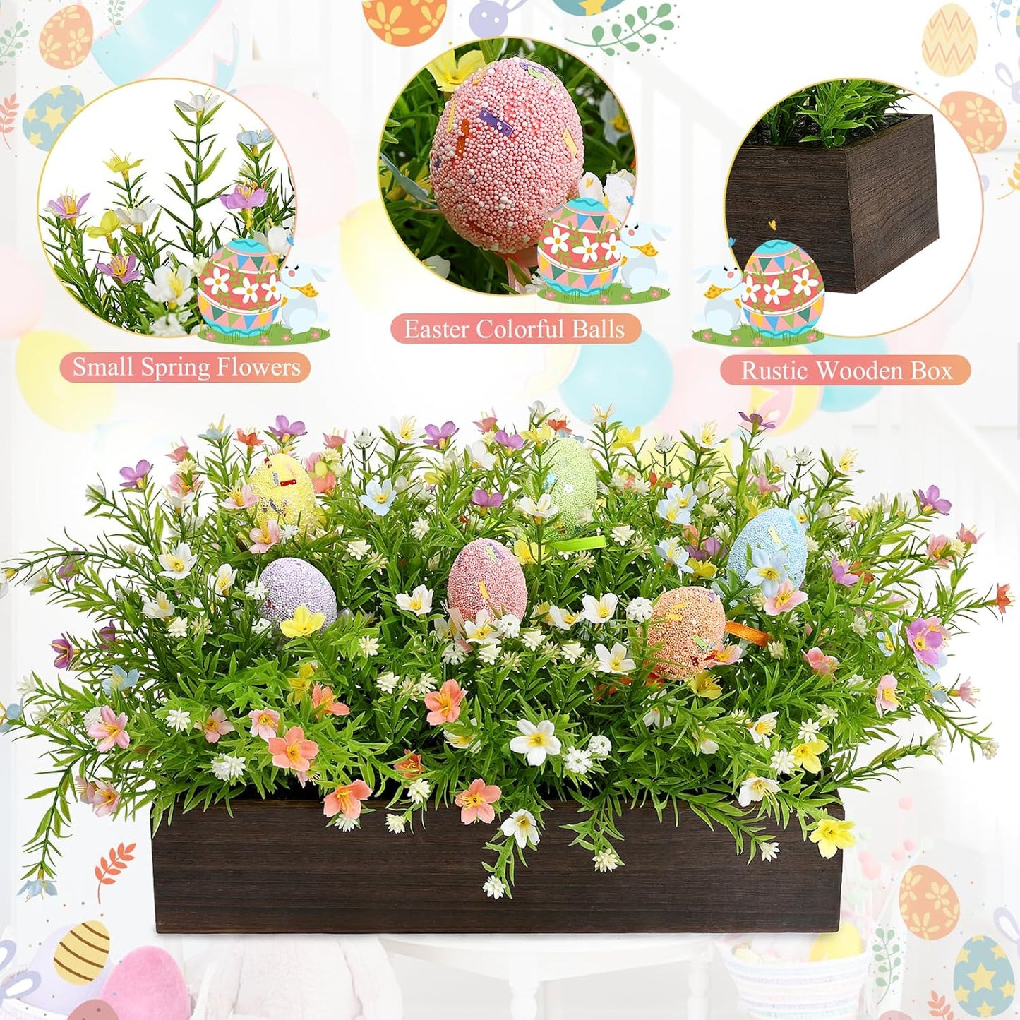 Easter Table Centerpiece Decoration – Spring Artificial Flowers Arrangement with Wooden Tray Farmhouse Decor