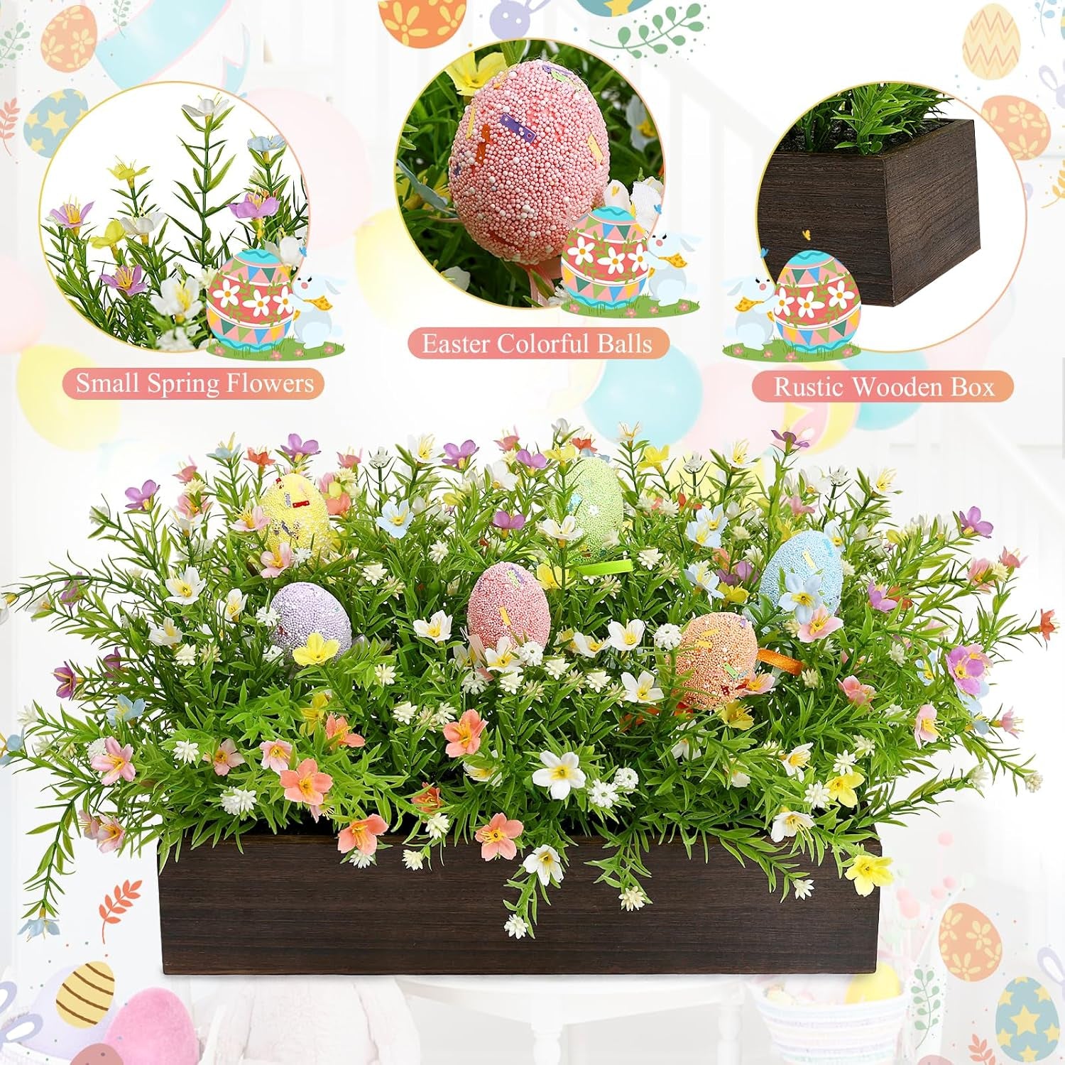 Easter Table Centerpiece Decoration – Spring Artificial Flowers Arrangement with Wooden Tray Farmhouse Decor