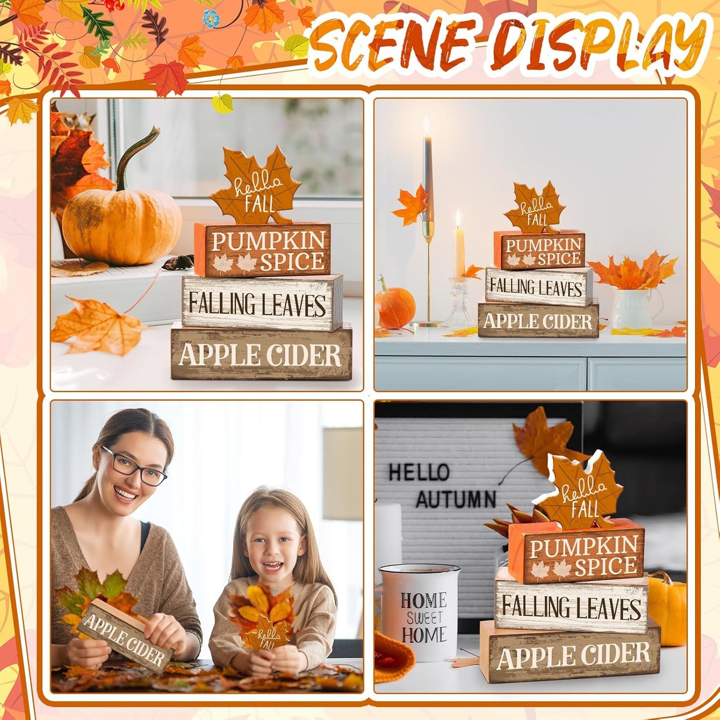 Fall Wooden Maple Leaf Decorations Set of 4 – Rustic Autumn Tiered Tray Decor