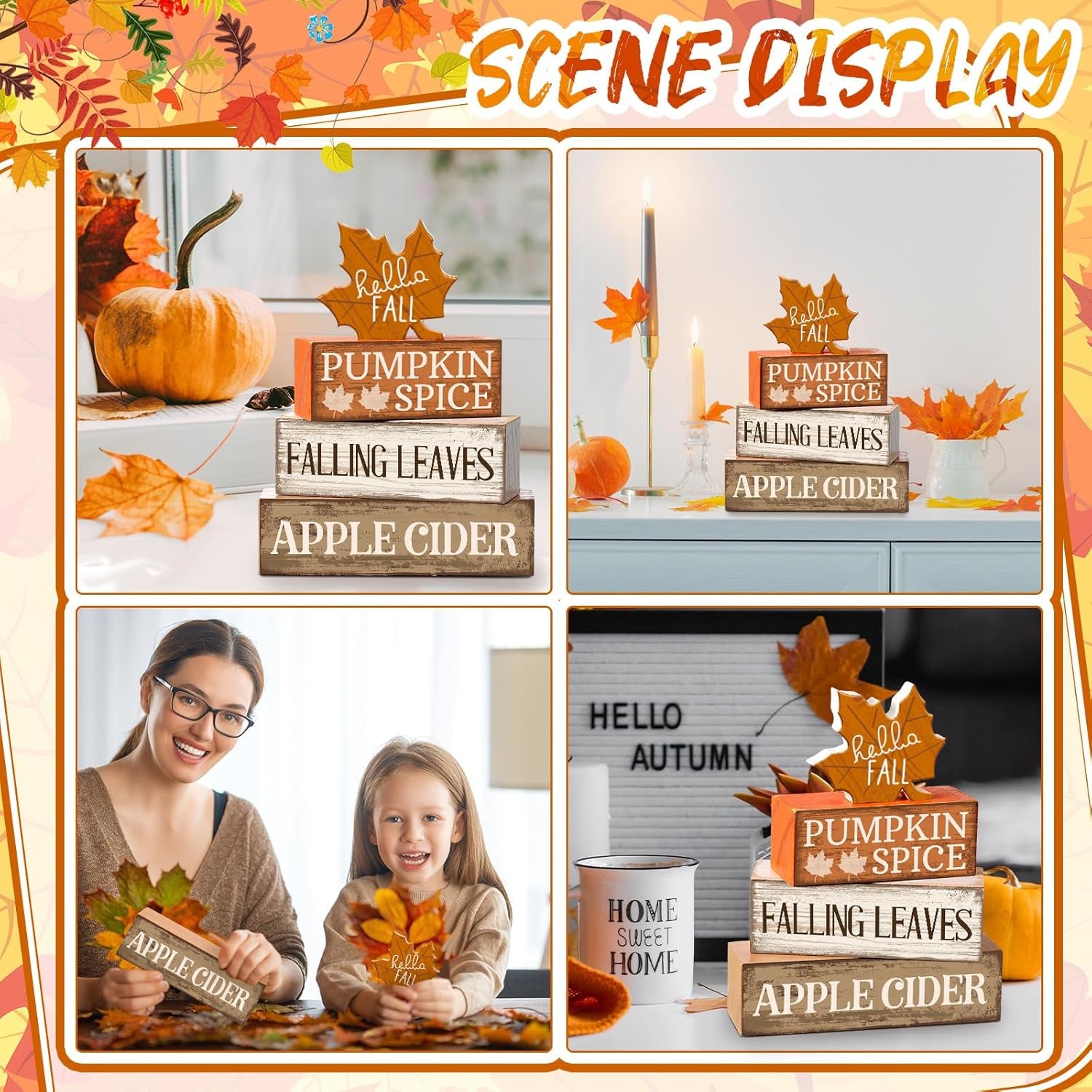 Fall Wooden Maple Leaf Decorations Set of 4 – Rustic Autumn Tiered Tray Decor