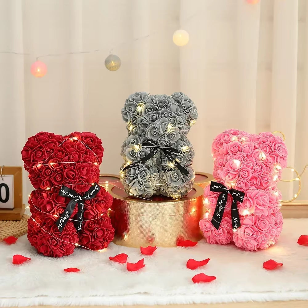 Home Eternal Flower 25Cm Artificial Teddy Rose Flower Bear with Box Girlfriend Women Birthday Wedding Party Decor Romantic Gift