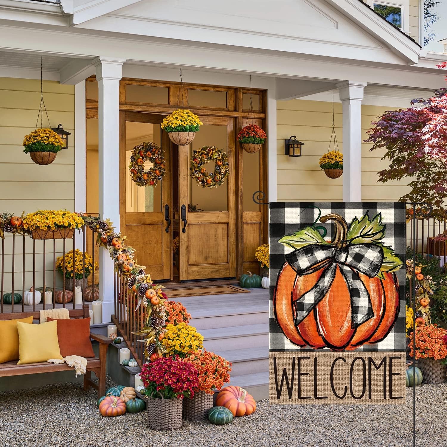 Fall Pumpkin Welcome Garden Flag – 12 x 18 Inch Double-Sided Buffalo Plaid