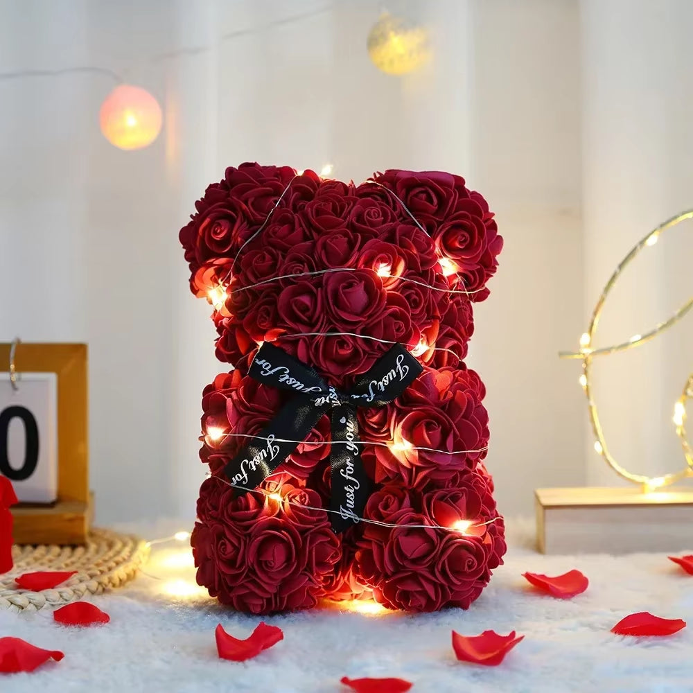 Home Eternal Flower 25Cm Artificial Teddy Rose Flower Bear with Box Girlfriend Women Birthday Wedding Party Decor Romantic Gift