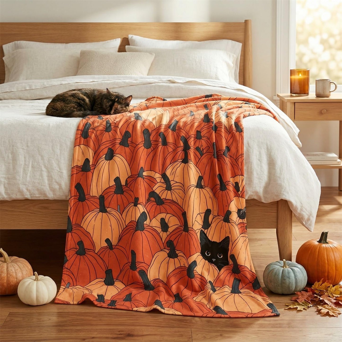 Fall Pumpkin Cat Throw Blanket – Ultra Soft Plush Flannel Fleece Blanket
