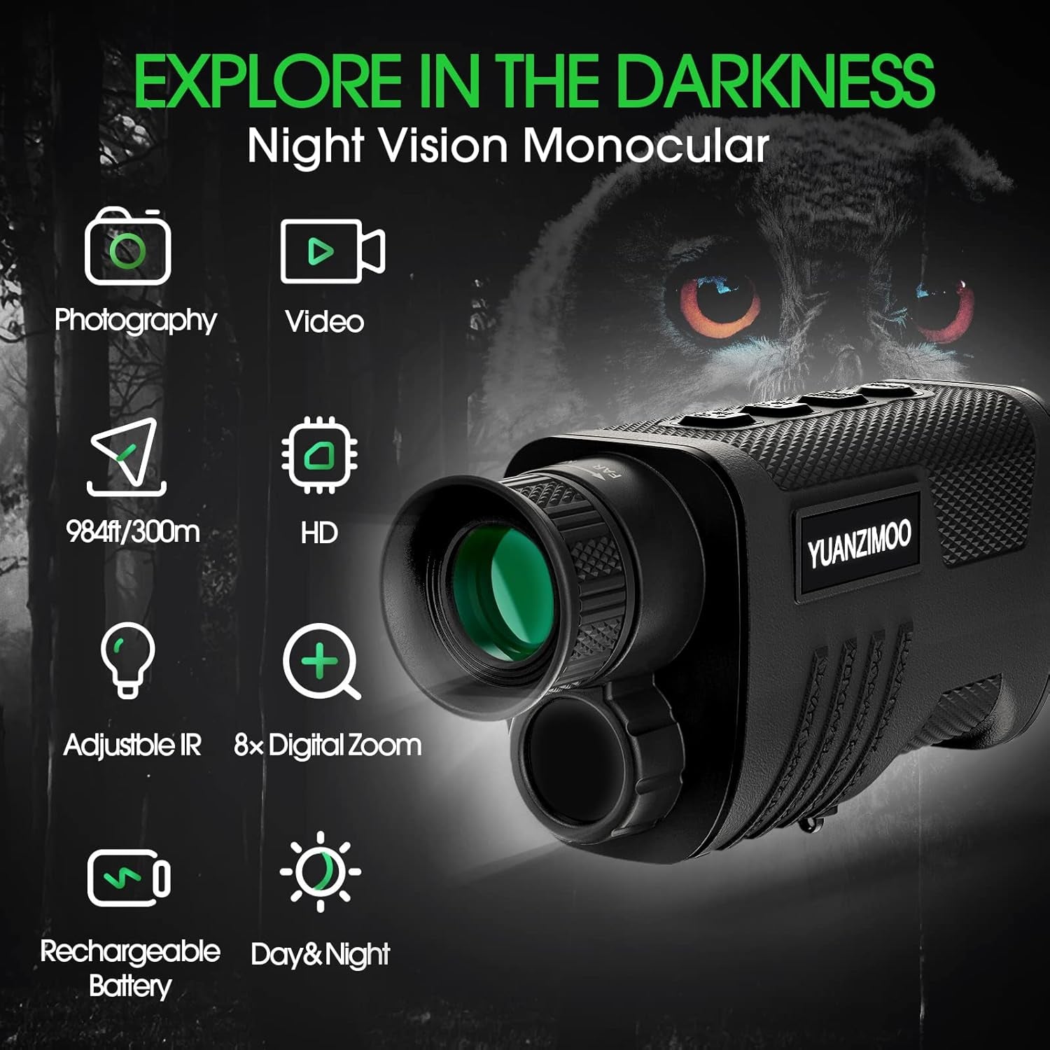 Digital Night Vision Monocular – Infrared Monocular Telescope with 8X Zoom, Rechargeable 2000mAh Battery, Tripod, 32GB SD Card & Card Reader for Hunting, Camping and Night Observation