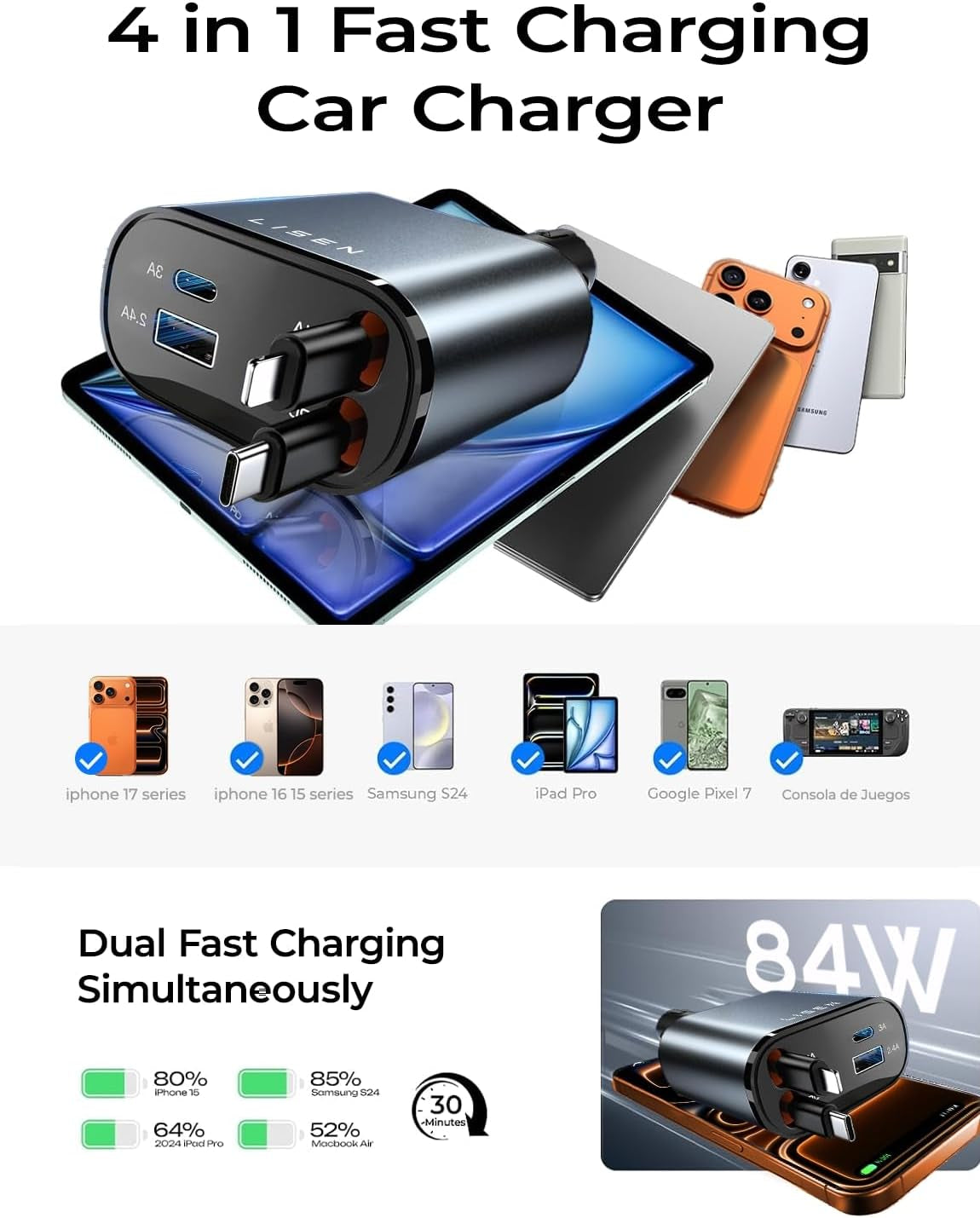 Retractable Car Charger 84W – USB-C Fast Charging Adapter with Retractable Cable, Dual Port Car Accessories for iPhone 17/16/15/14/13/12/11