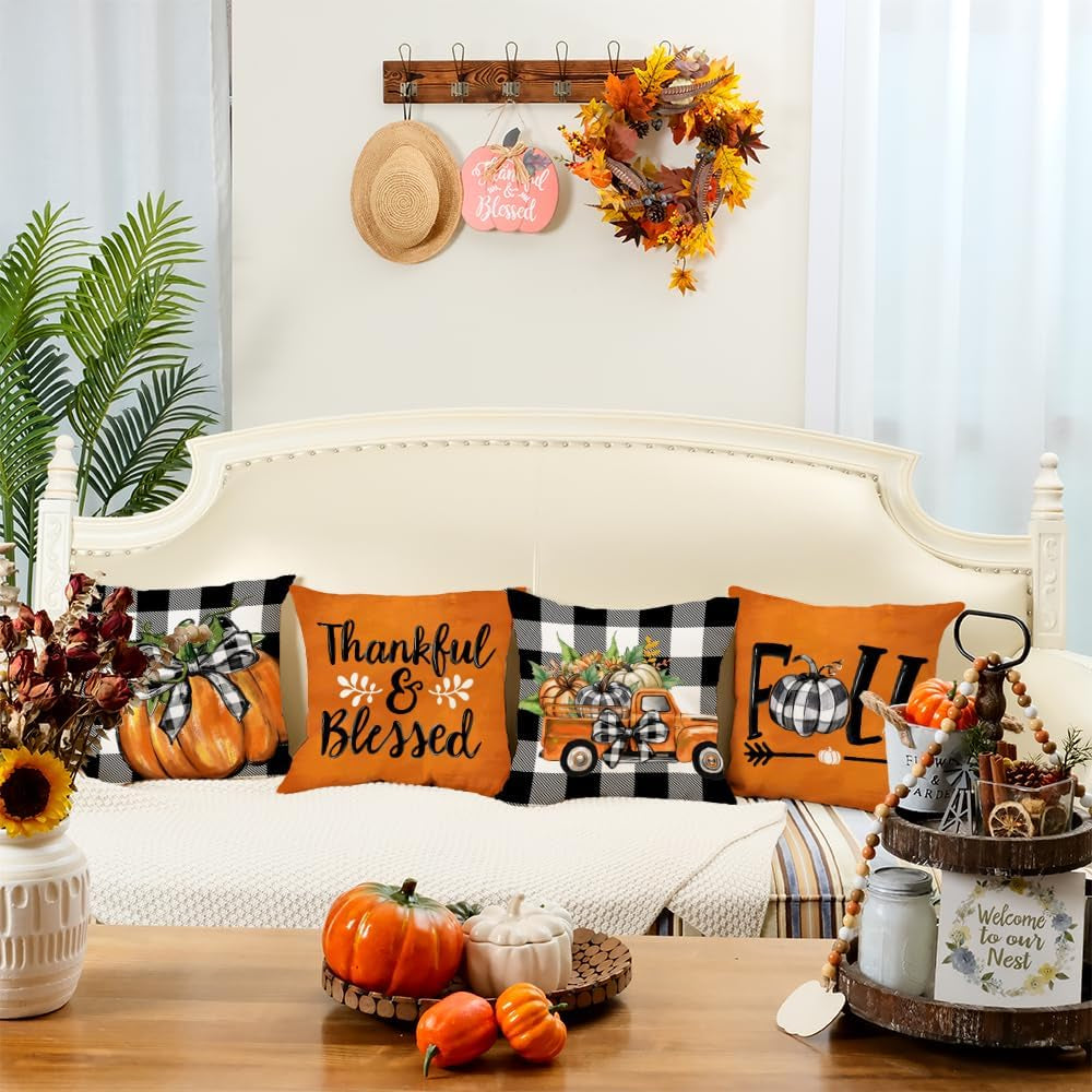 Fall Decorative Pillow Covers Set of 4 – Pumpkin, Thankful & Blessed