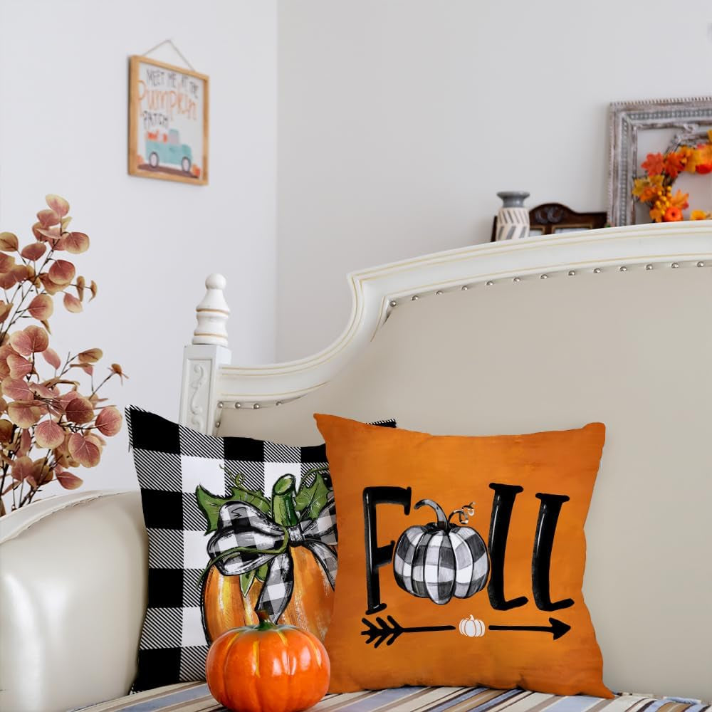 Fall Decorative Pillow Covers Set of 4 – Pumpkin, Thankful & Blessed