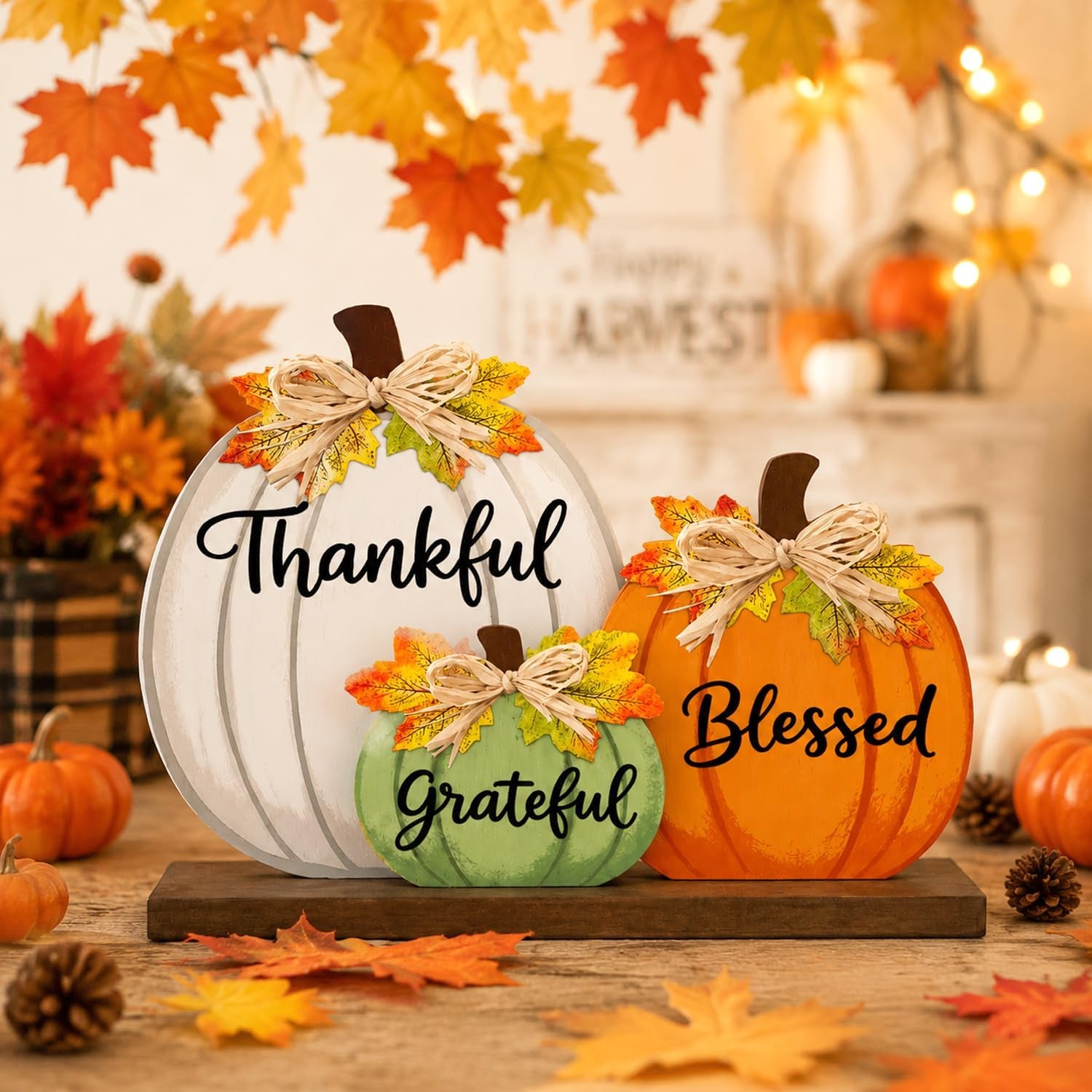 Lighted Fall Pumpkin Table Sign – LED Wooden Thanksgiving Decoration