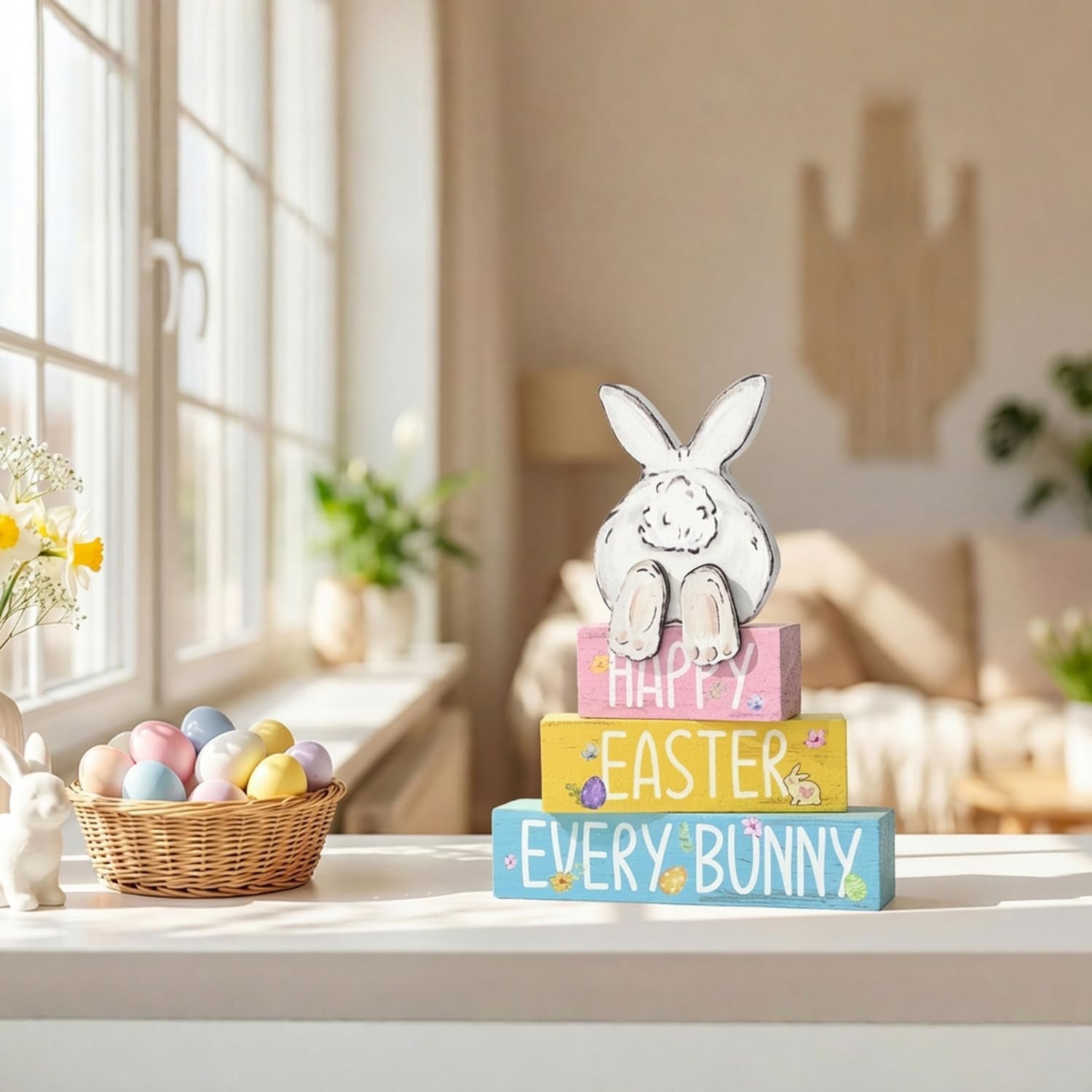 Easter Bunny Wooden Block Decor – Pastel Spring Tiered Tray Easter Sign