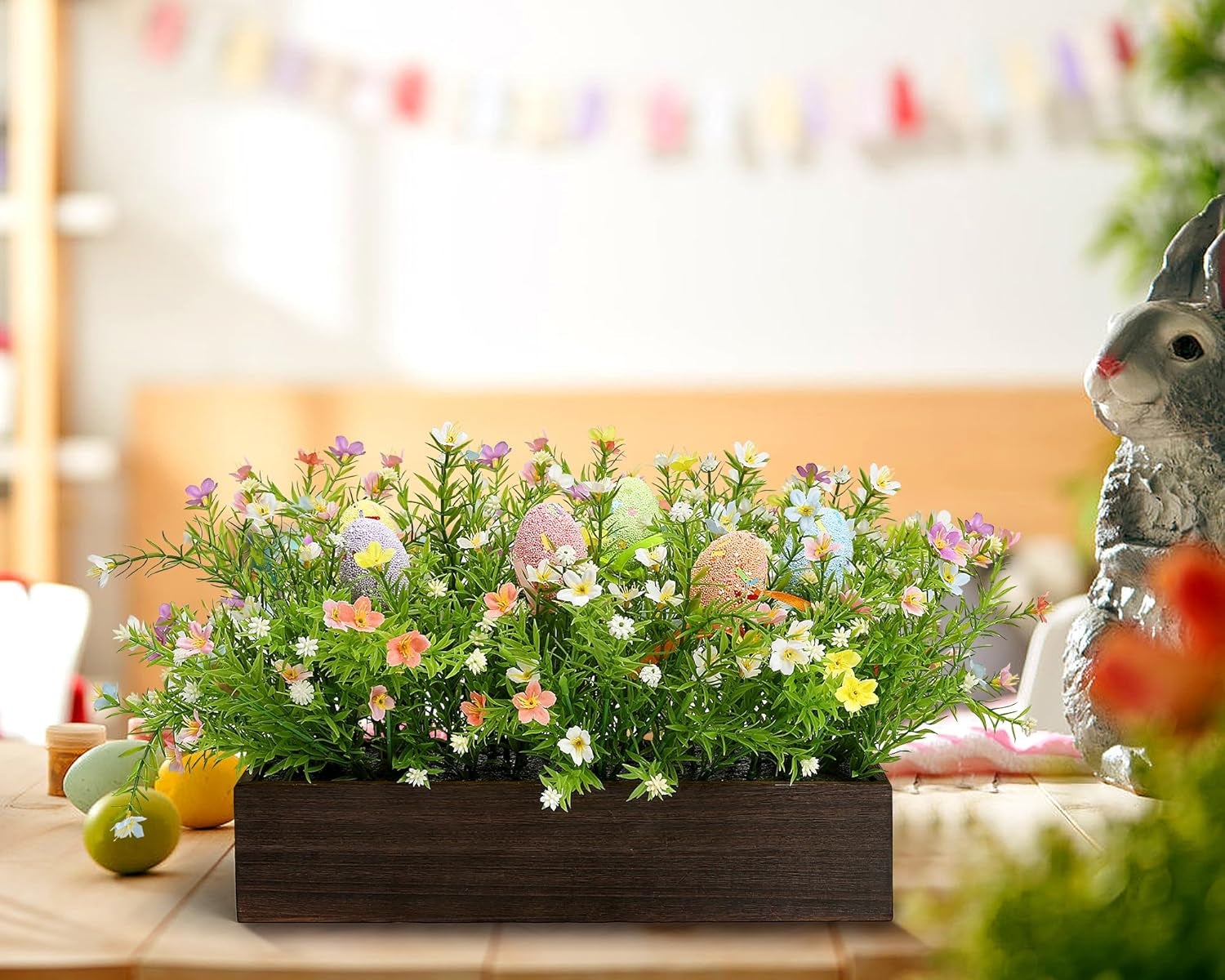 Easter Table Centerpiece Decoration – Spring Artificial Flowers Arrangement with Wooden Tray Farmhouse Decor