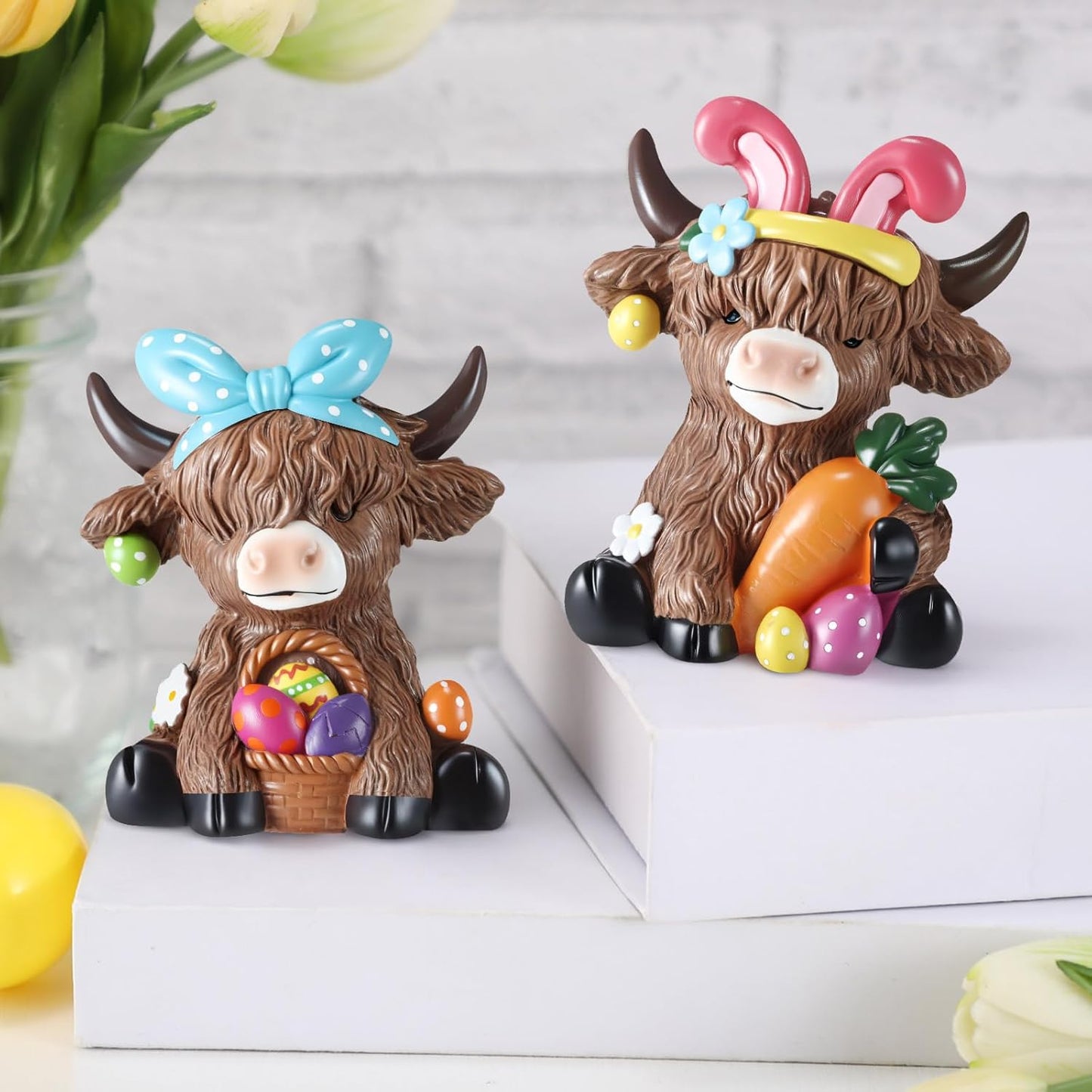 2 PCS Easter Highland Cow Figurines Bunny Decor – Spring Tiered Tray Decorations