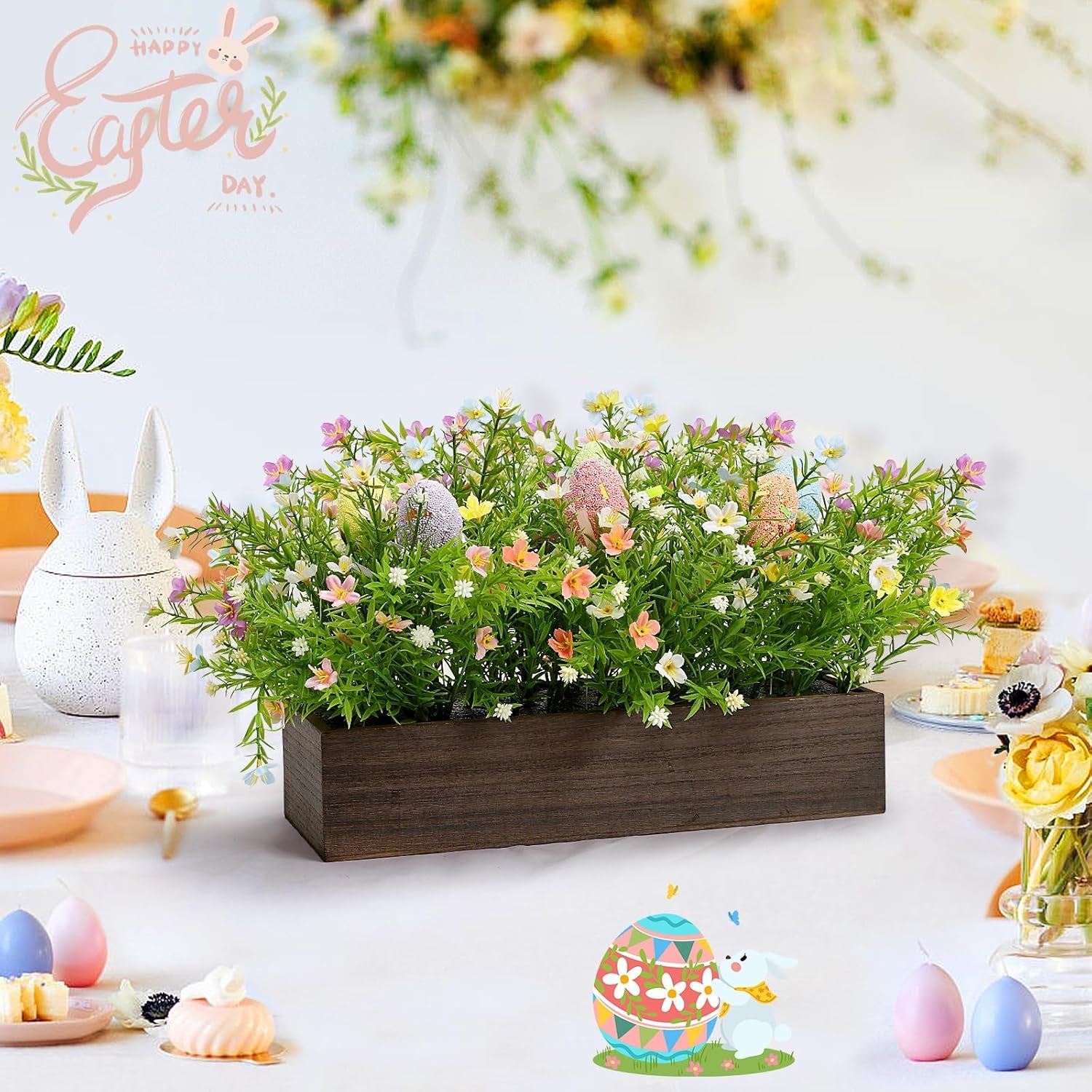 Easter Table Centerpiece Decoration – Spring Artificial Flowers Arrangement with Wooden Tray Farmhouse Decor