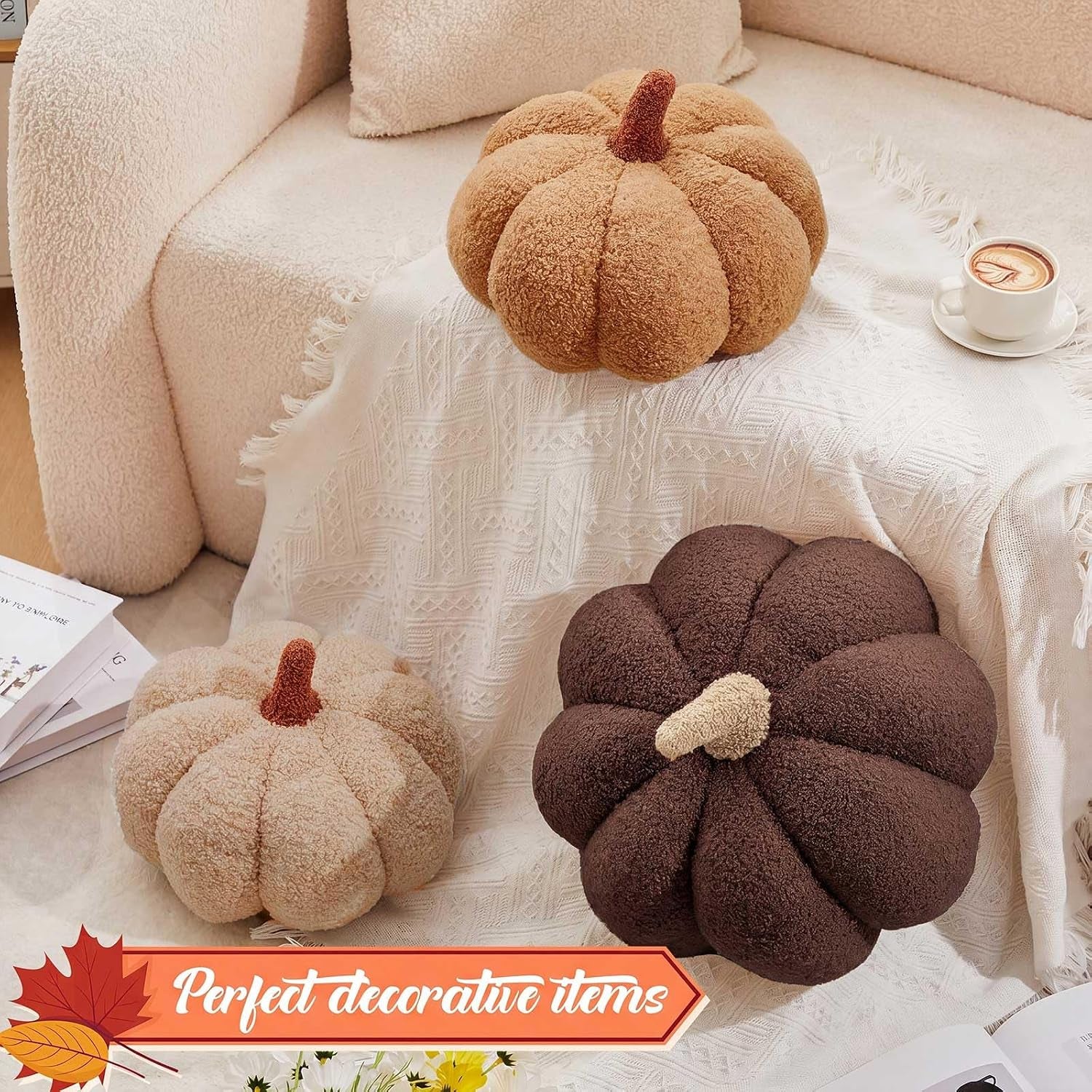 Stuffed Pumpkin Pillows Set of 3 – Soft Plush Fall Decorative Cushions