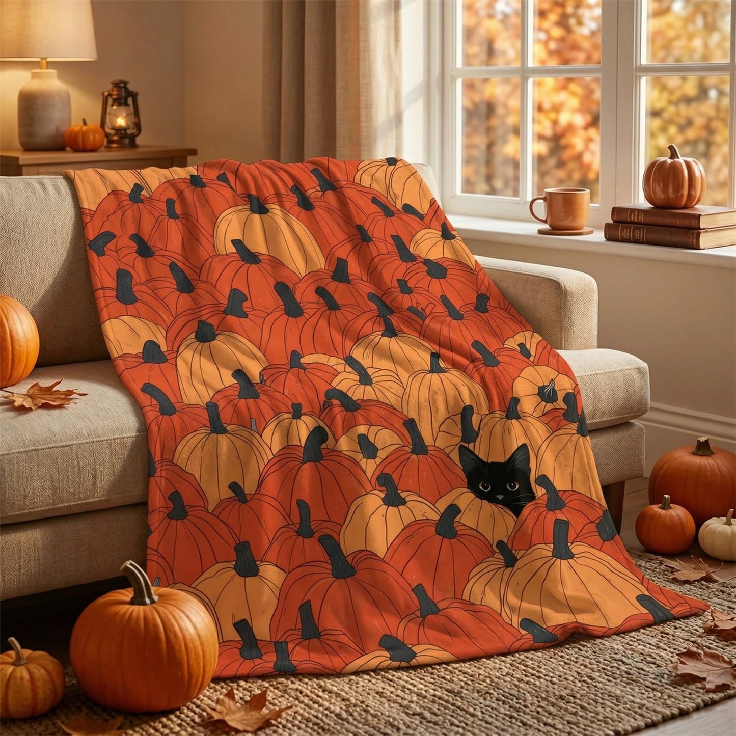 Fall Pumpkin Cat Throw Blanket – Ultra Soft Plush Flannel Fleece Blanket